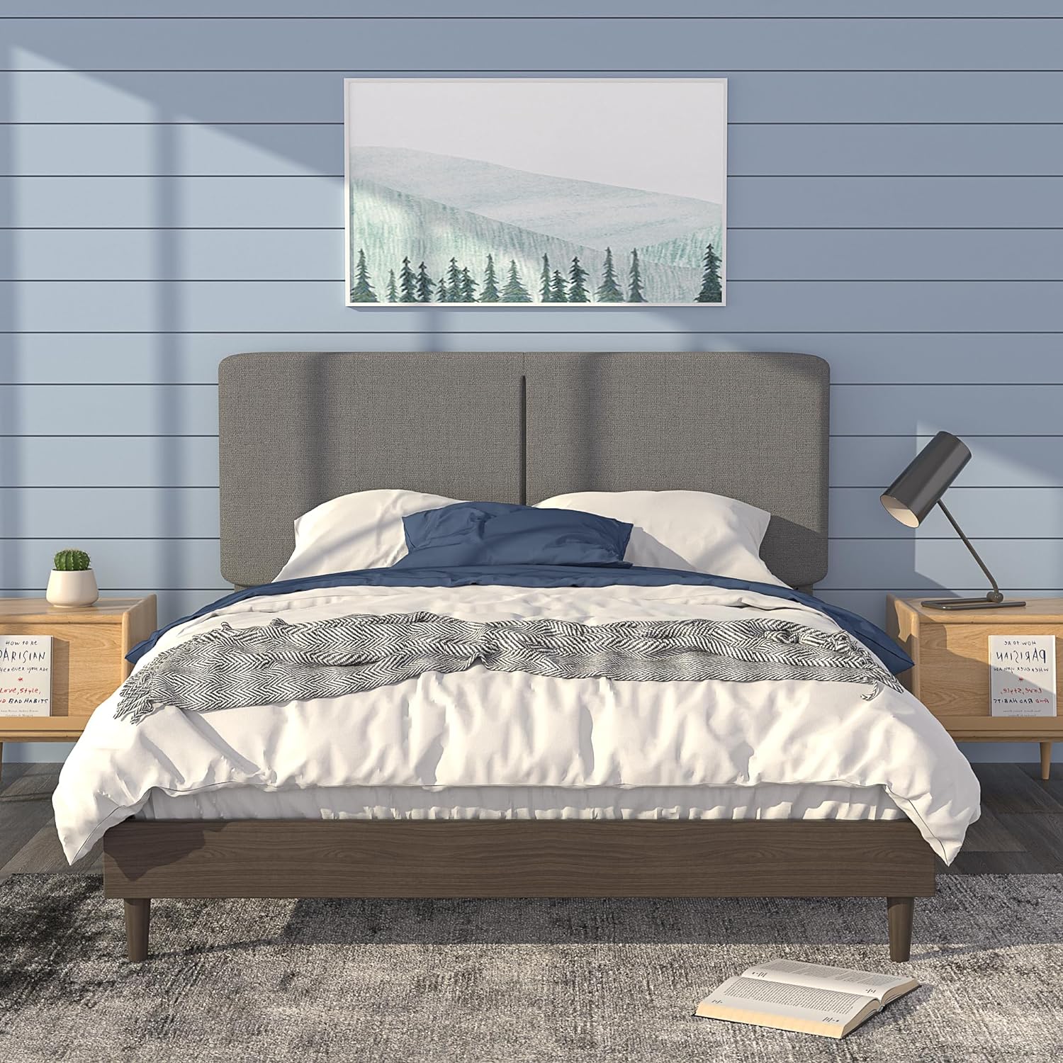 VECELO Upholstered Platform Bed Frame with Height-Adjustable Cotton and Linen Headboard - VECELO