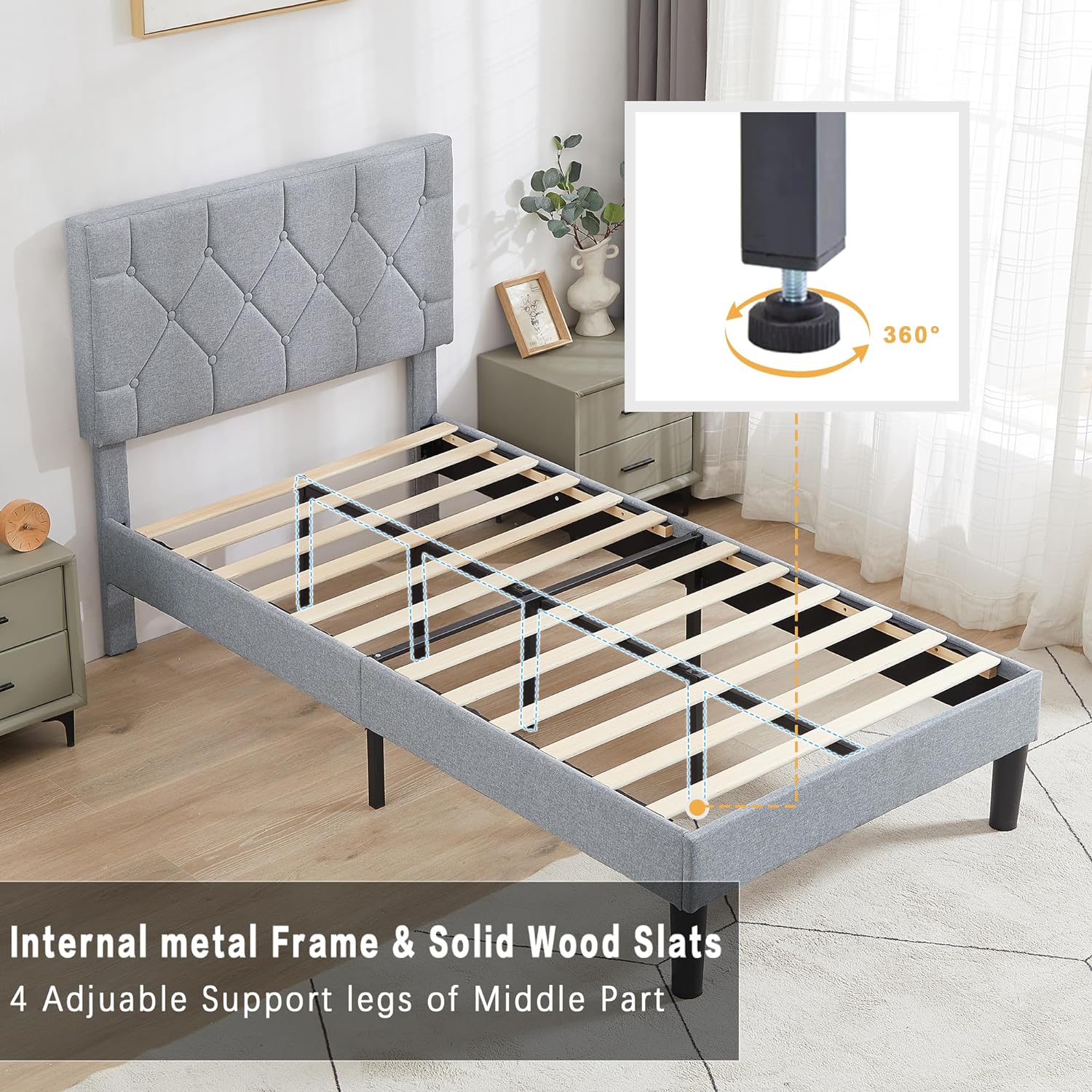 VECELO Bed Frame, Upholstered Platform with Adjustable Diamond Tufted Headboard - VECELO