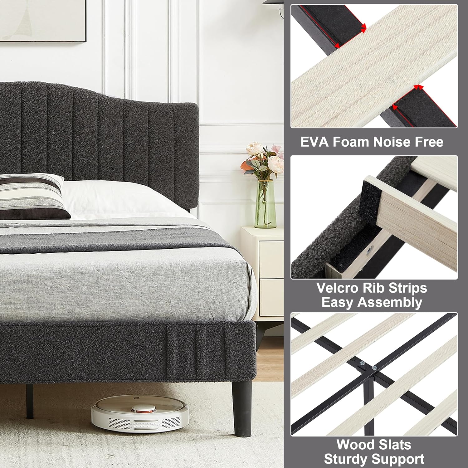 VECELO Upholstered Platform Bed Frame with Sheepskin Fabric Adjustable Headboard/Strong Wood Slats Supports - VECELO