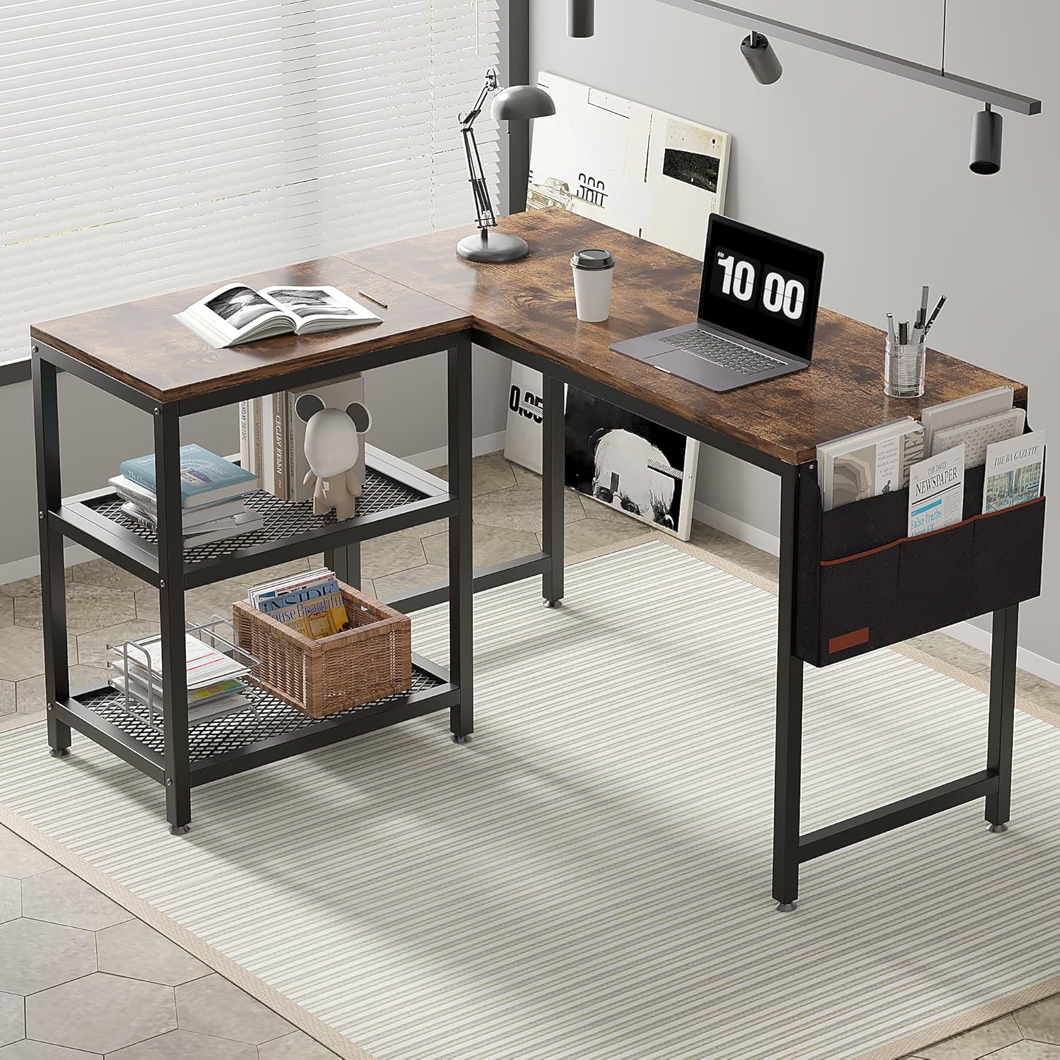 VECELO L Shaped Computer Desk with Storage Shelves & Bag - VECELO