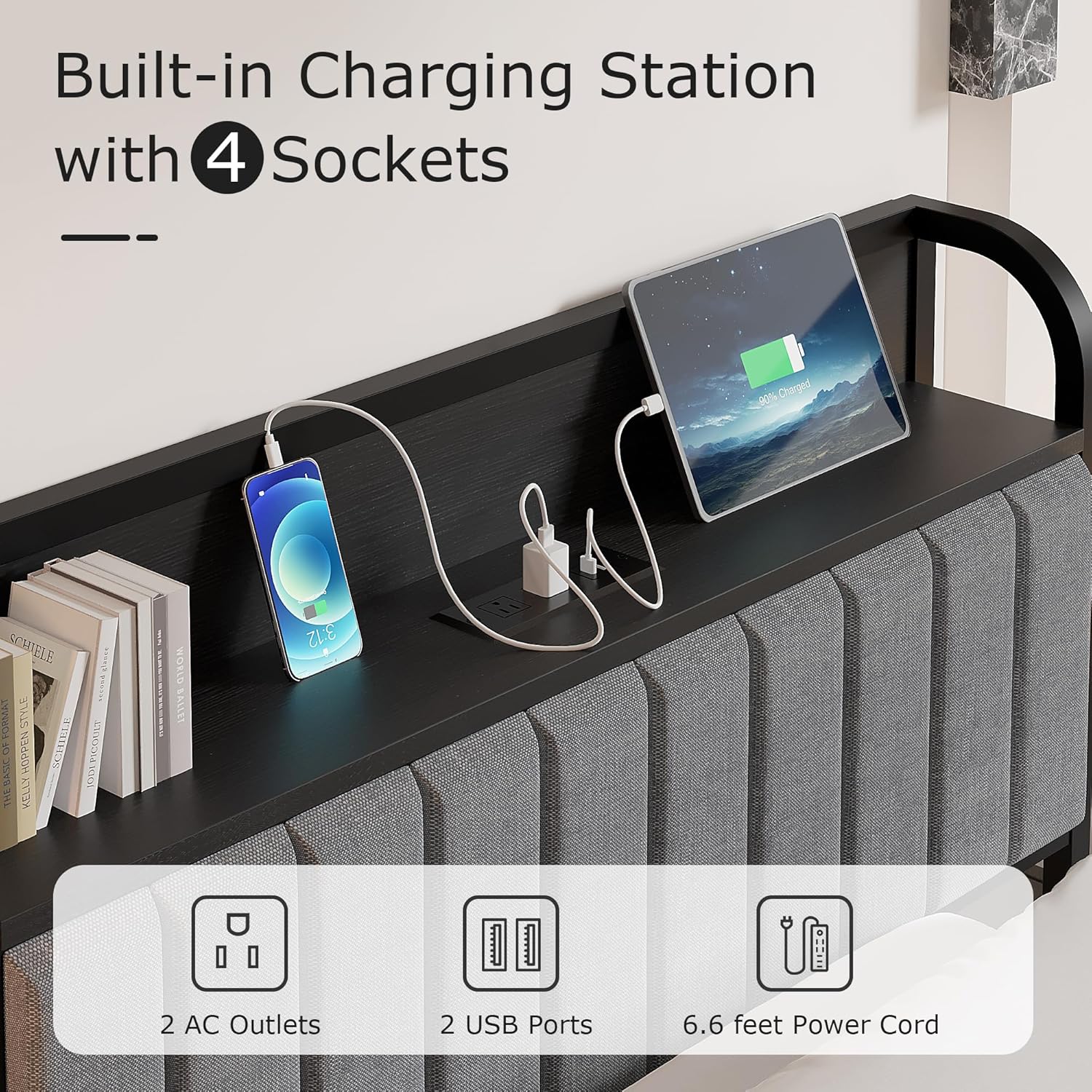 VECELO Twin Bed Frame, Storage Upholstered Headboard with Charging Station - VECELO