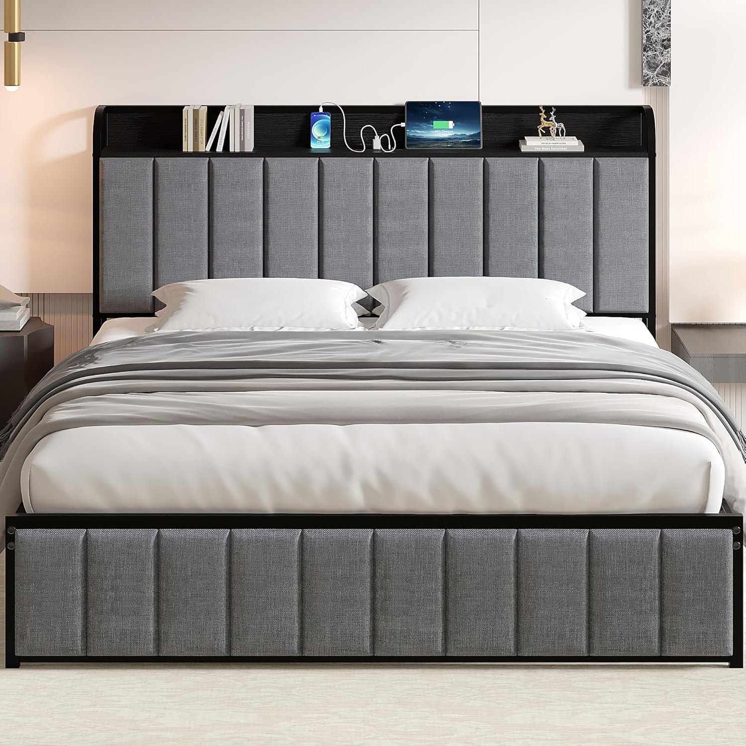 VECELO Twin Bed Frame, Storage Upholstered Headboard with Charging Station - VECELO