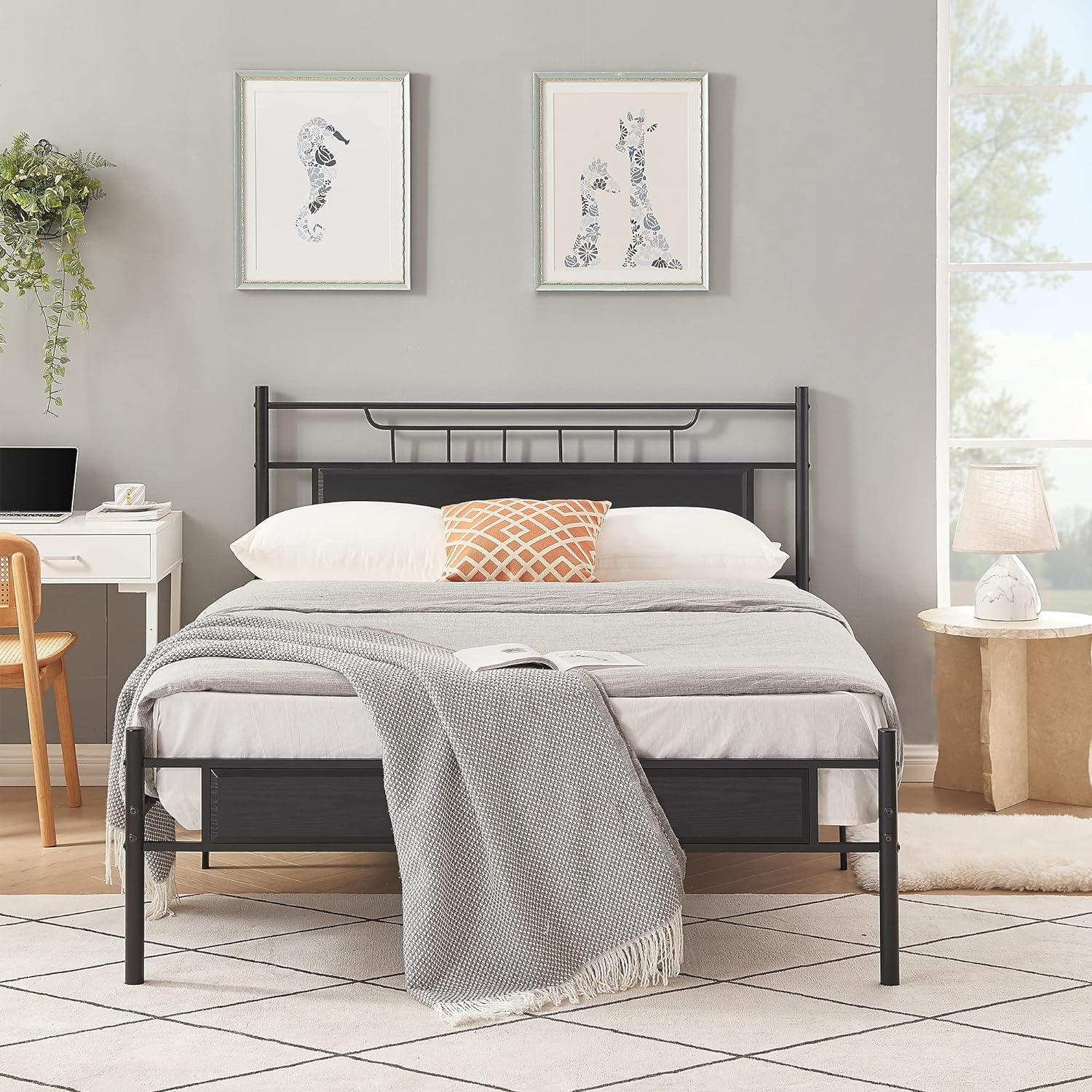 VECELO Platform Bed Frame with Wood Headboard No Box Spring Needed Heavy Duty Steel Slat - VECELO