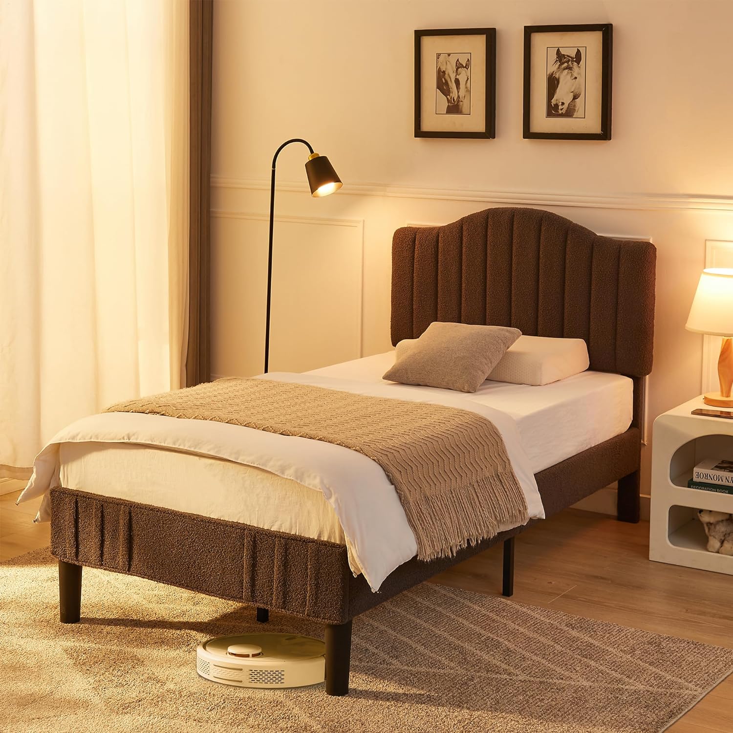 VECELO Upholstered Platform Bed Frame with Sheepskin Fabric Adjustable Headboard/Strong Wood Slats Supports - VECELO