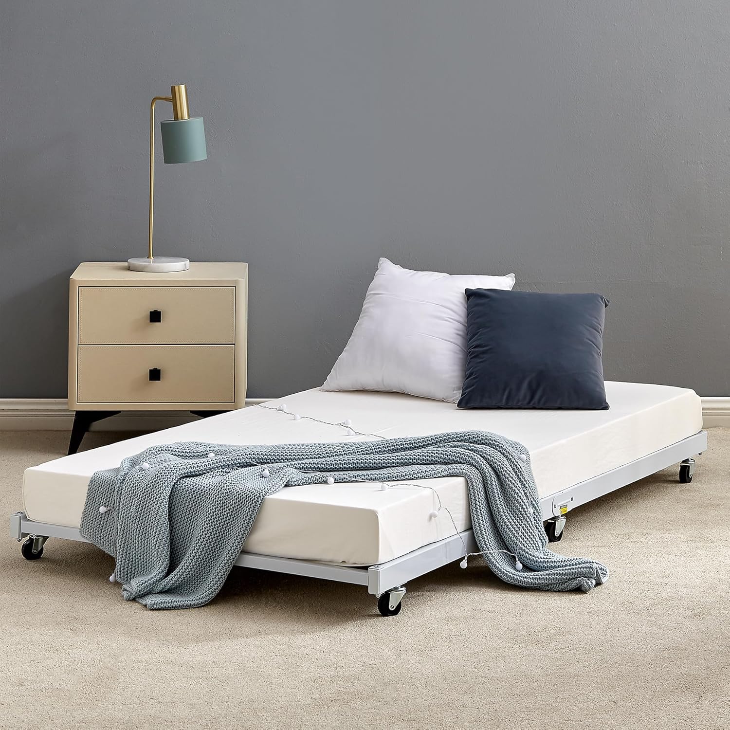 VECELO Twin Trundle Bed Frame Only/Roll Out/Enhanced & Up-Graded Metal Slats Support, White
