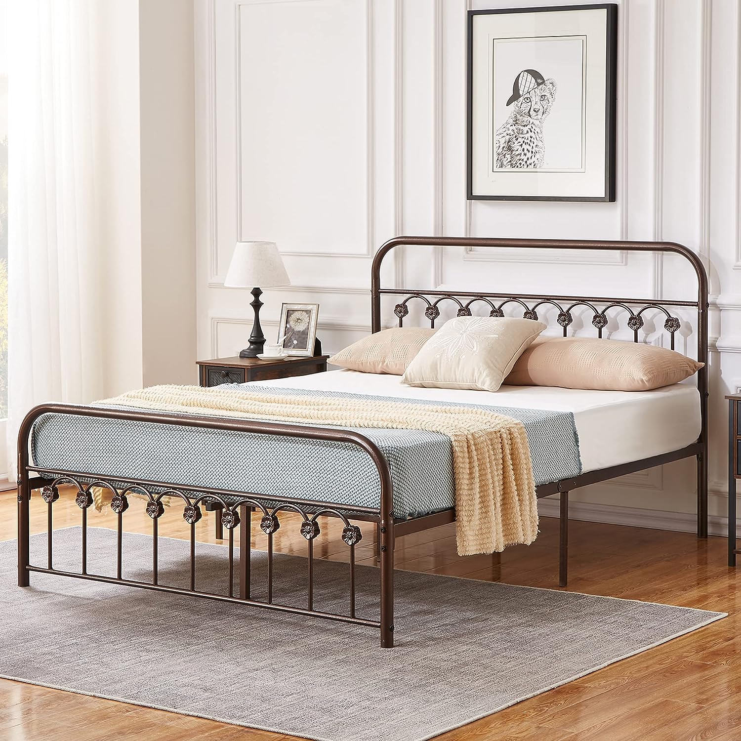VECELO Metal Bed Frame/Mattress Foundation with Vintage Flower Headboard & Footboard - VECELO