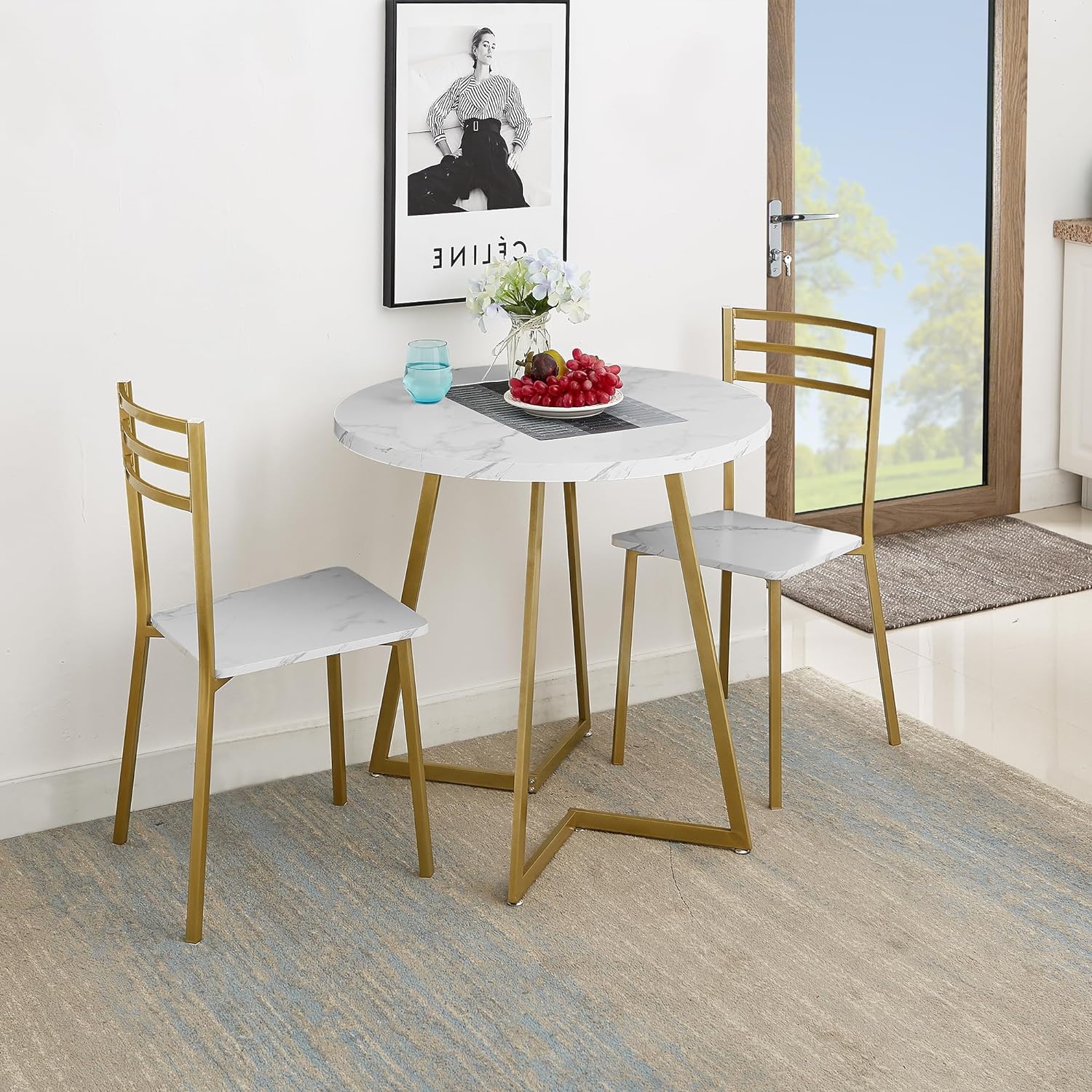 VECELO Round Dining Room Table with Wood Grain Tabletop and Steel Frame - VECELO