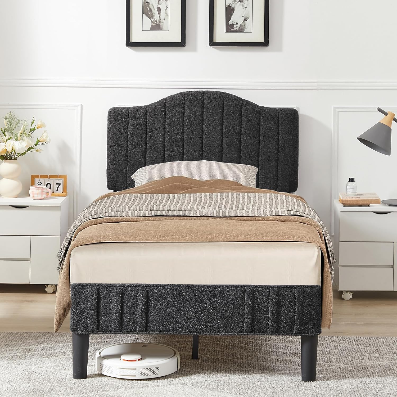 VECELO Upholstered Platform Bed Frame with Sheepskin Fabric Adjustable Headboard/Strong Wood Slats Supports - VECELO