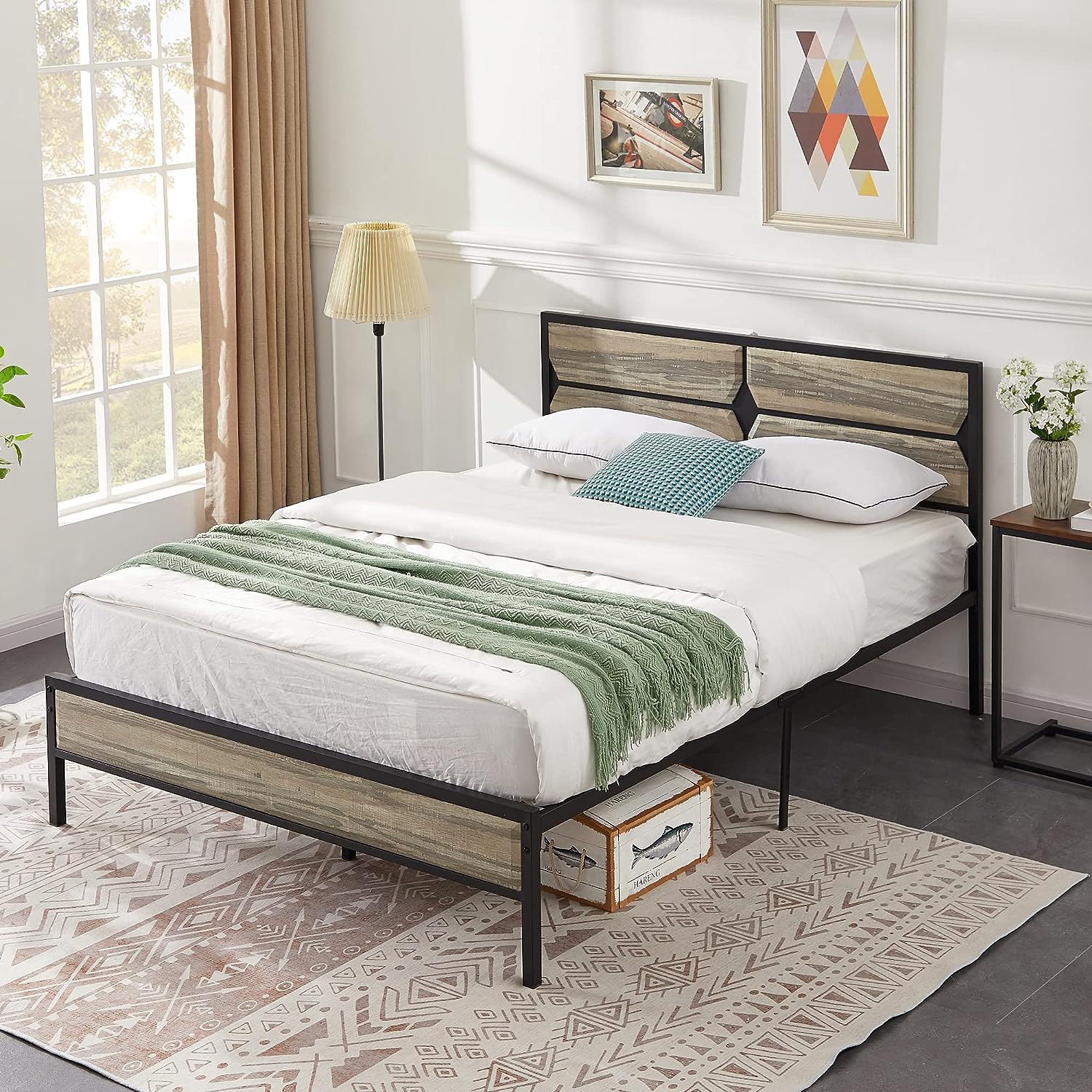 VECELO Metal Bed Frame Platform with Wooden Headboard&Footboard Mattress Foundation - VECELO