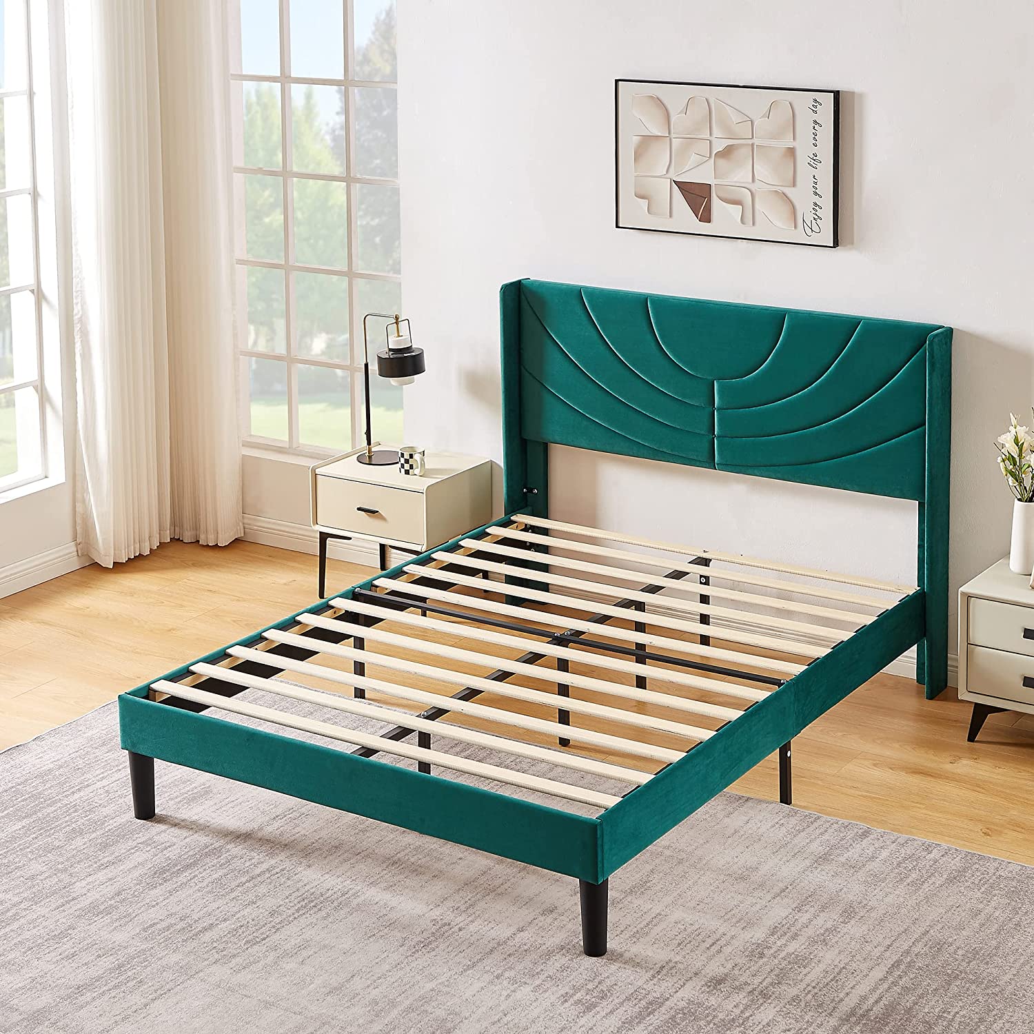 VECELO Upholstered Platform Bed Frame with Adjustable Fabric Headboard - VECELO