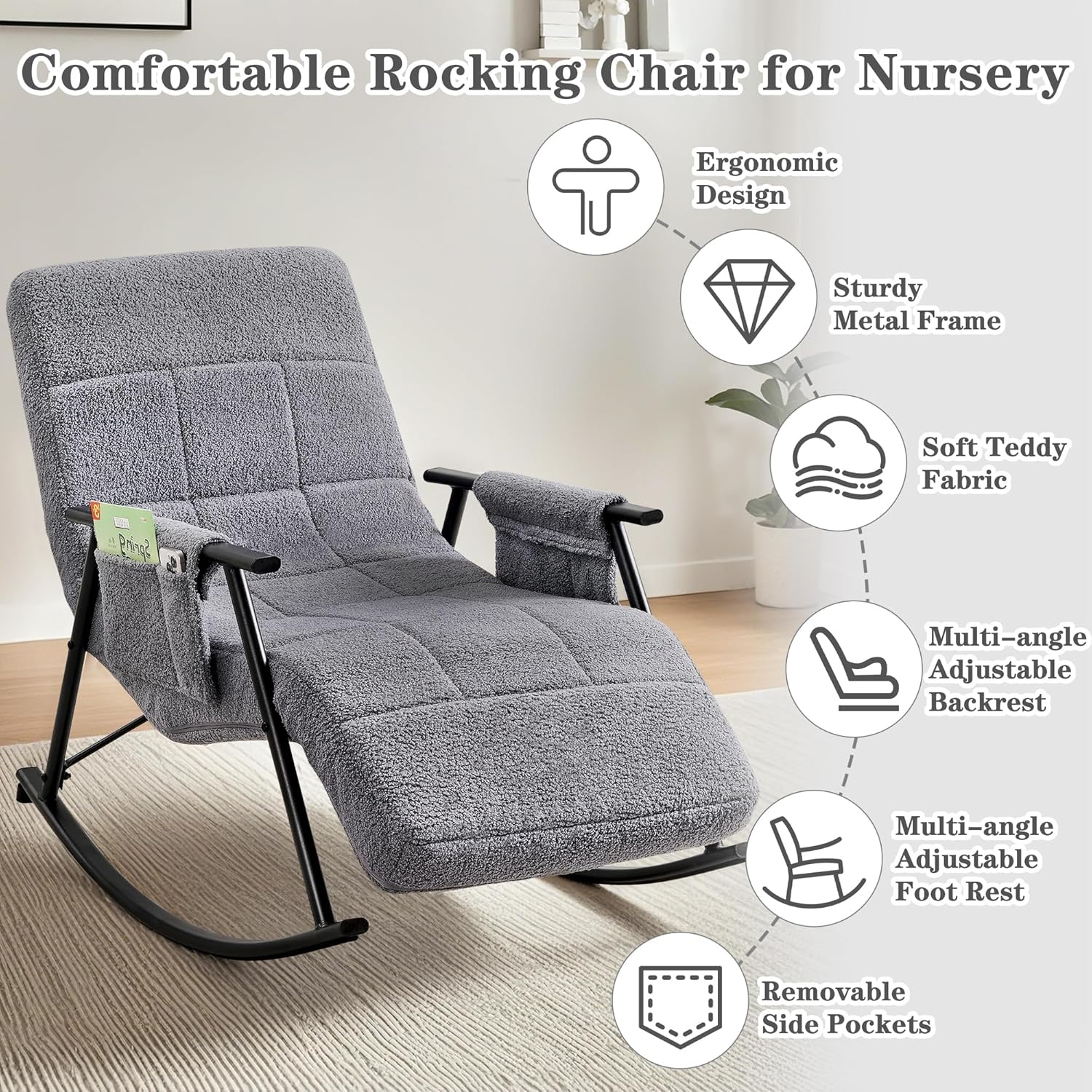 VECELO High Back Nursery Rocking Chair with Foot Rest, Teddy Upholstered Reclining Glider Rocker - VECELO