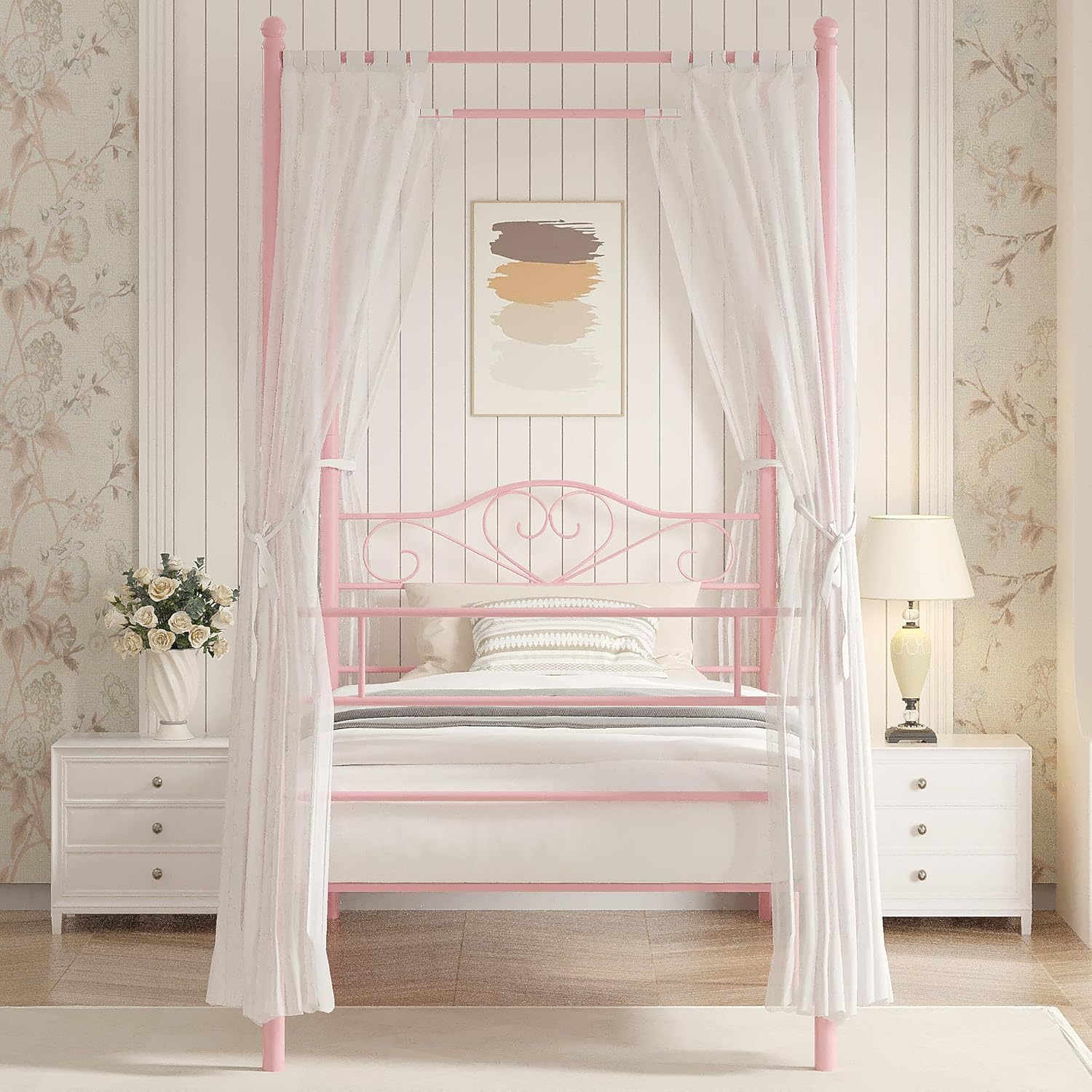 VECELO Twin Canopy Bed Frame with Headboard and Footboard - VECELO