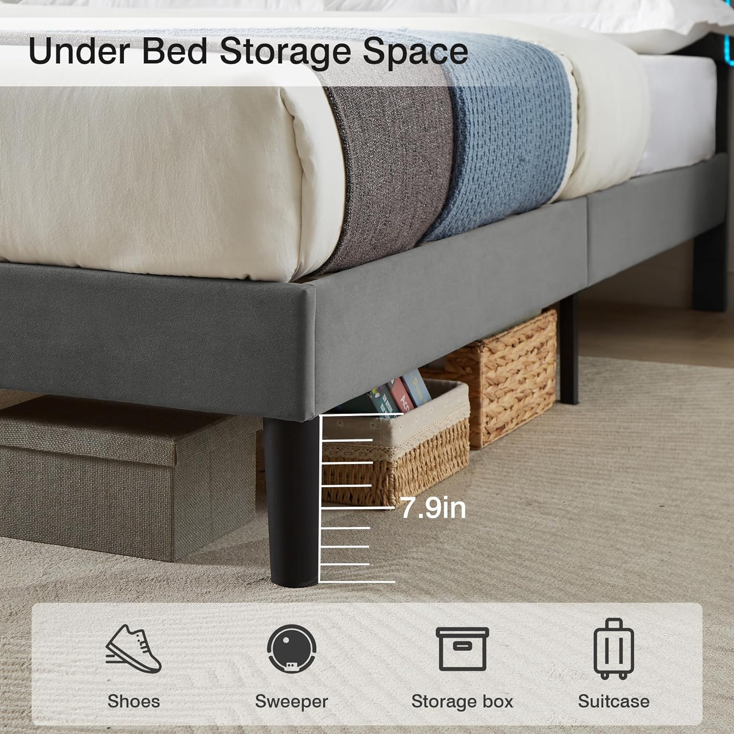 VECELO Upholstered Bed Frame with LED Lights, Charging Station, Velvet Platform Bed - VECELO