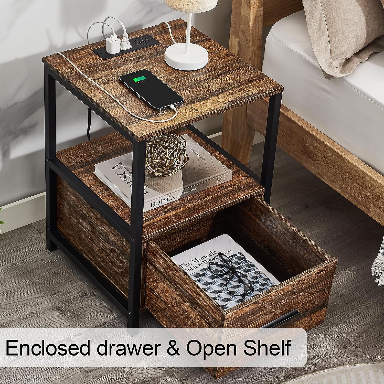 VECELO Modern Nightstand with Charging Station and USB Ports End Side Table - VECELO
