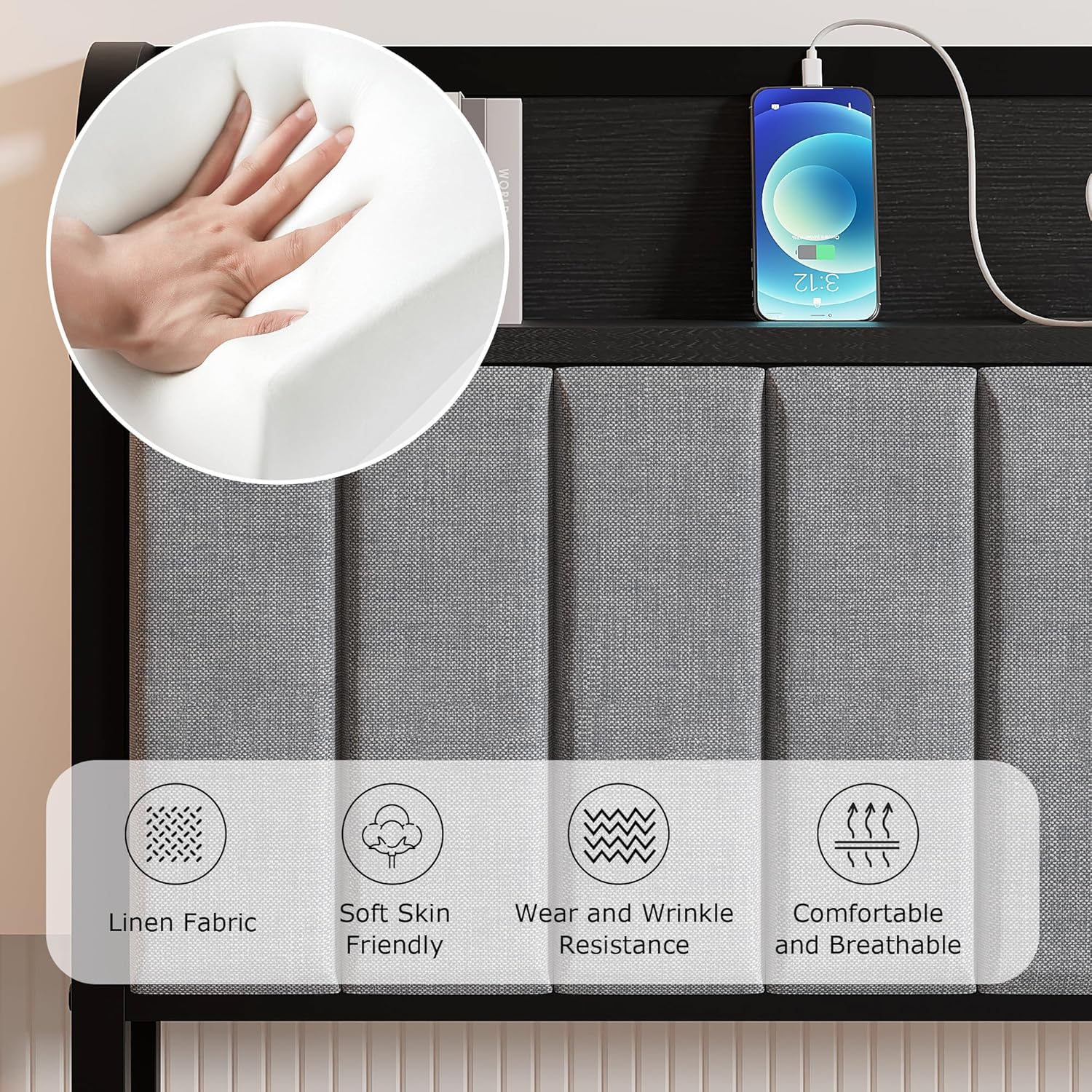 VECELO Twin Bed Frame, Storage Upholstered Headboard with Charging Station - VECELO