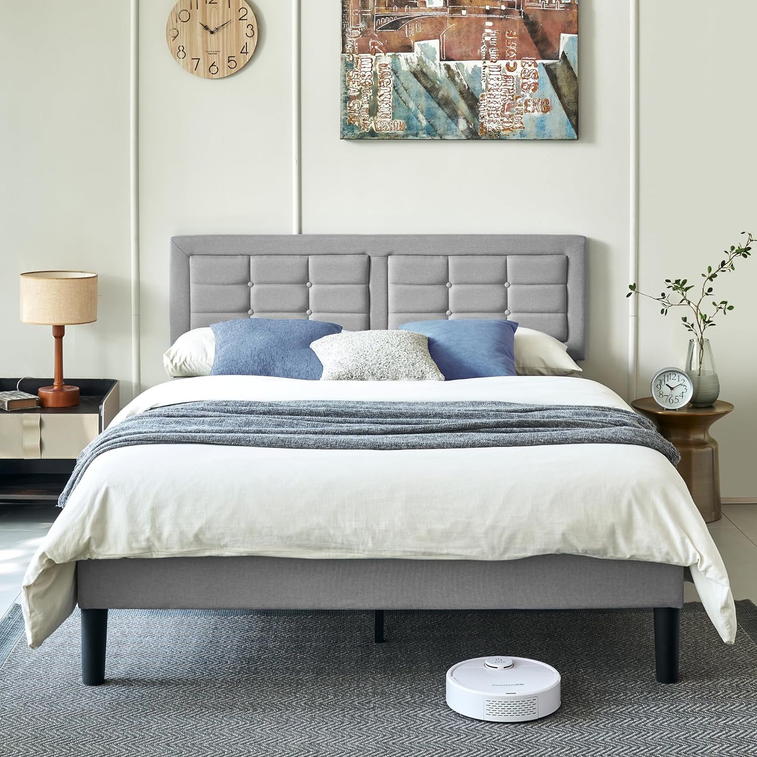 VECELO Upholstered Platform Bed Frame with Height Adjustable Headboard - VECELO