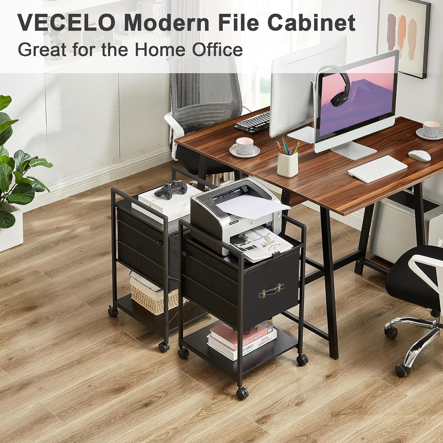 VECELO Mobile Vertical Filing Cabinet, Rolling Printer Shelf with Handle - VECELO