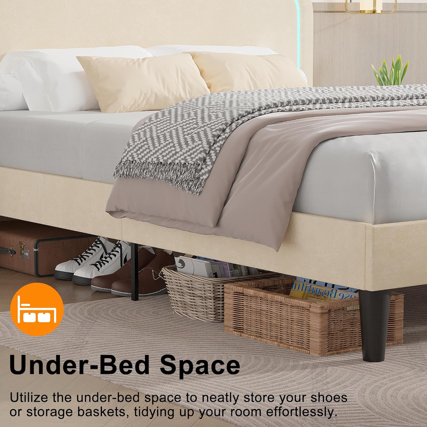 VECELO Upholstered Velvet Platform Bed Frame with Headboard Adjustable, LED Lights, USB-A & Type-C - VECELO