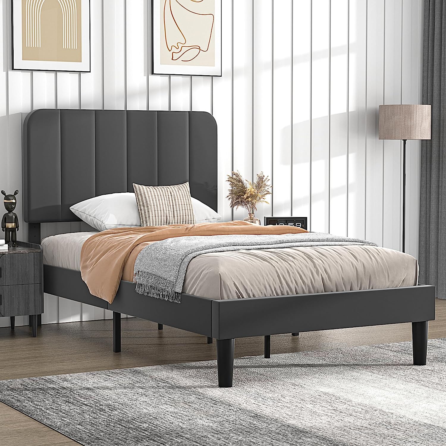 VECELO Upholstered Platform bedframe with Adjustable Headboard - VECELO