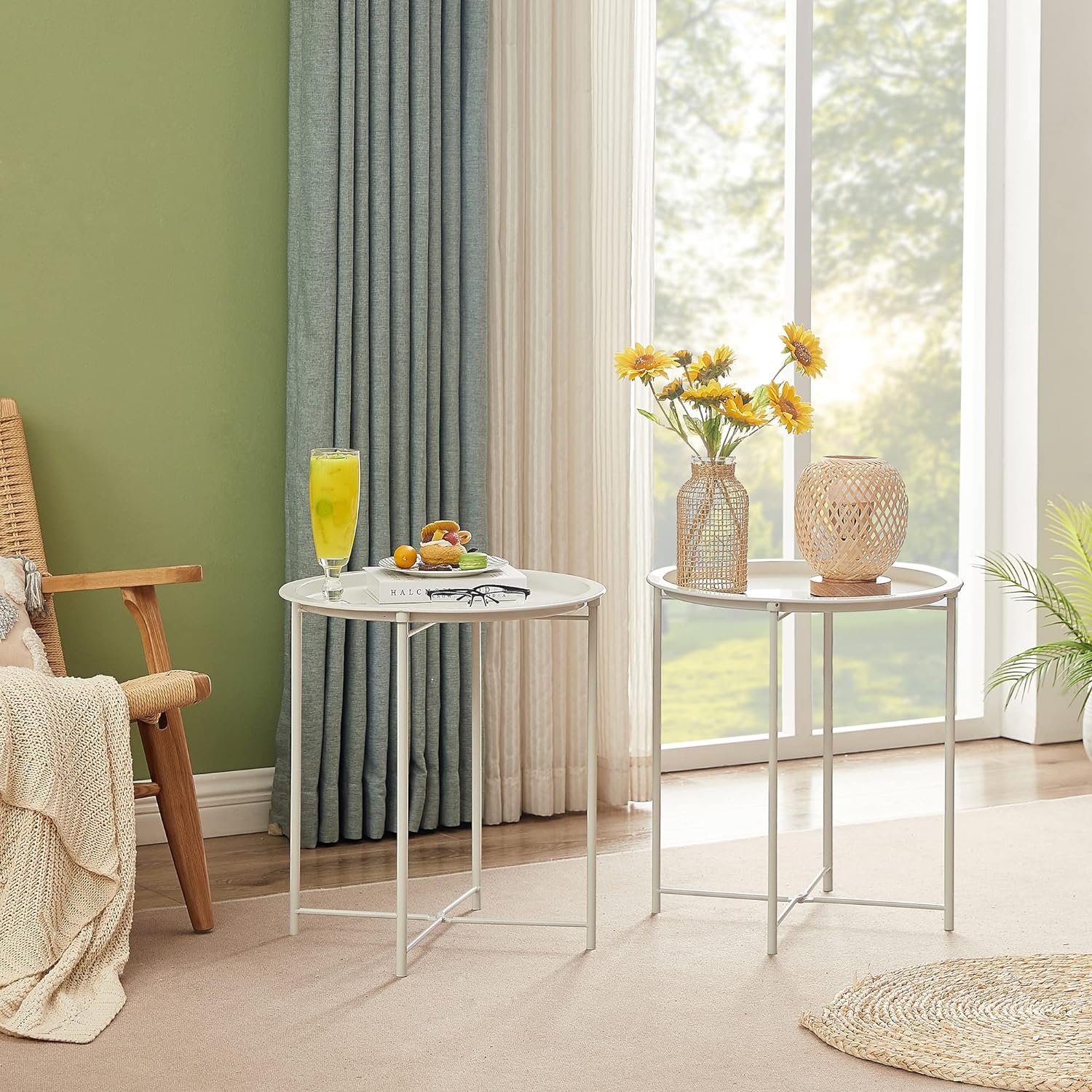 VECELO Metal Round End/Side Table with Removable Tray Small Folding Anti-Rust Nightstand - VECELO