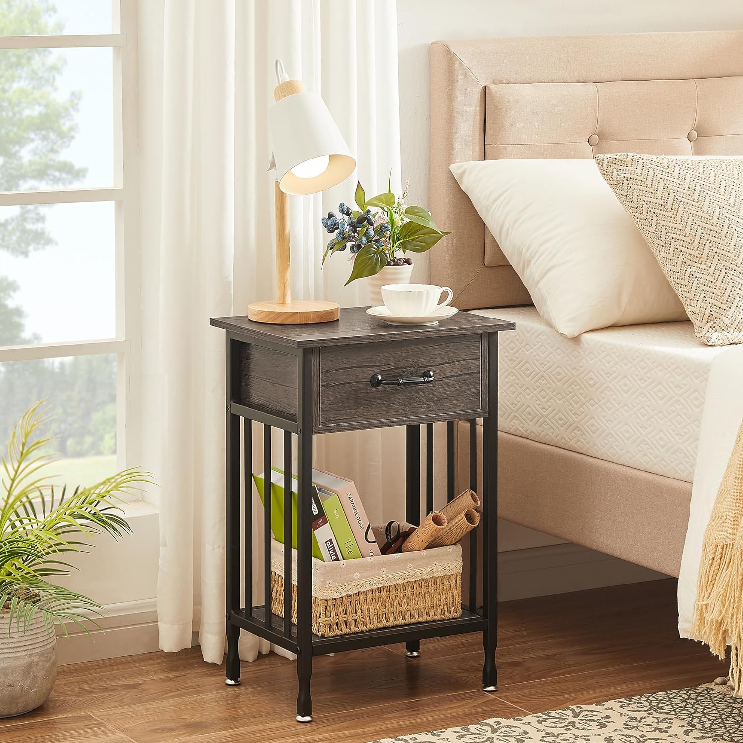 VECELO Industrial End Table,Nightstand with Drawer and Storage Shelf - VECELO