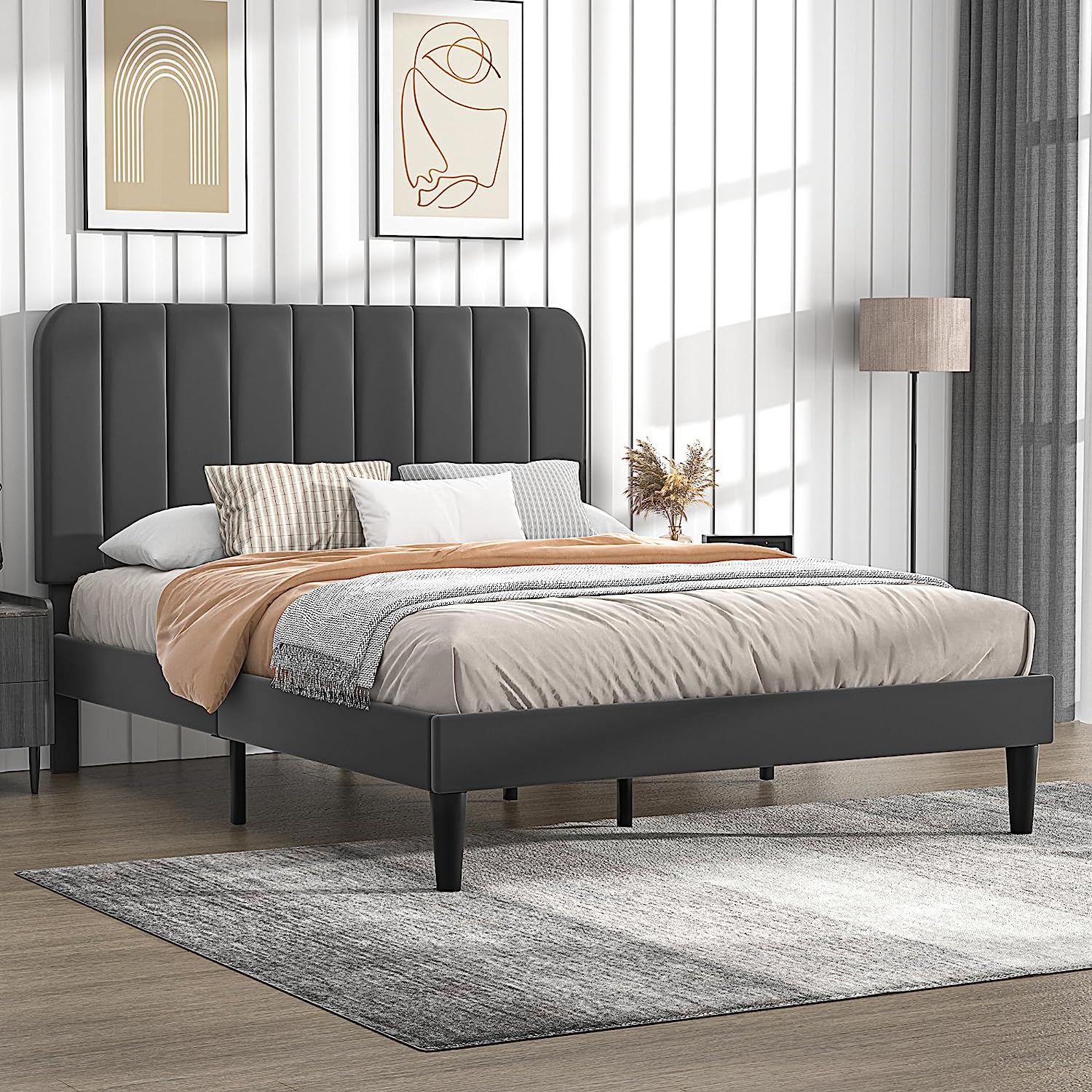 VECELO Upholstered Platform bedframe with Adjustable Headboard - VECELO