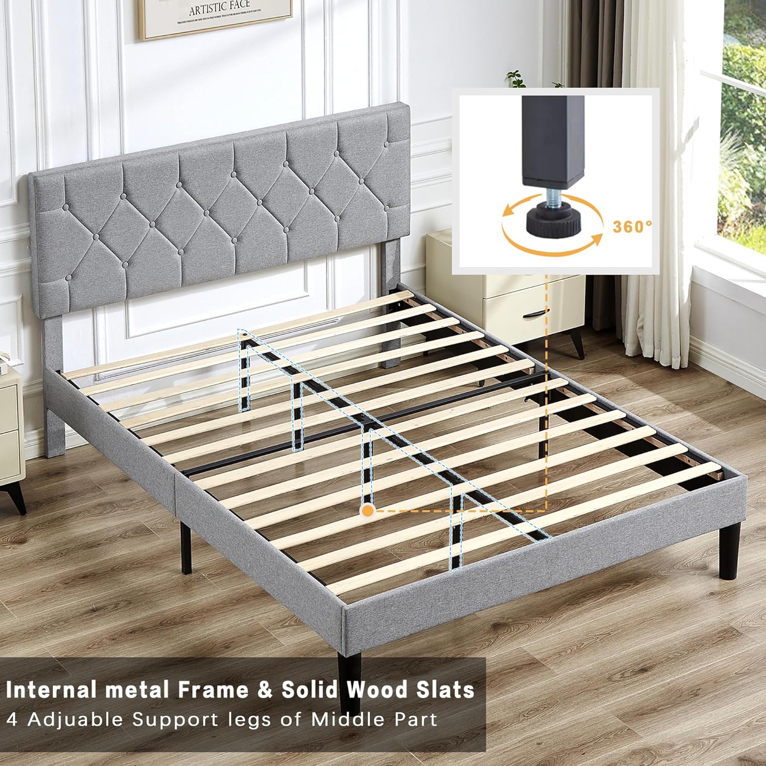 VECELO Bed Frame, Upholstered Platform with Adjustable Diamond Tufted Headboard - VECELO