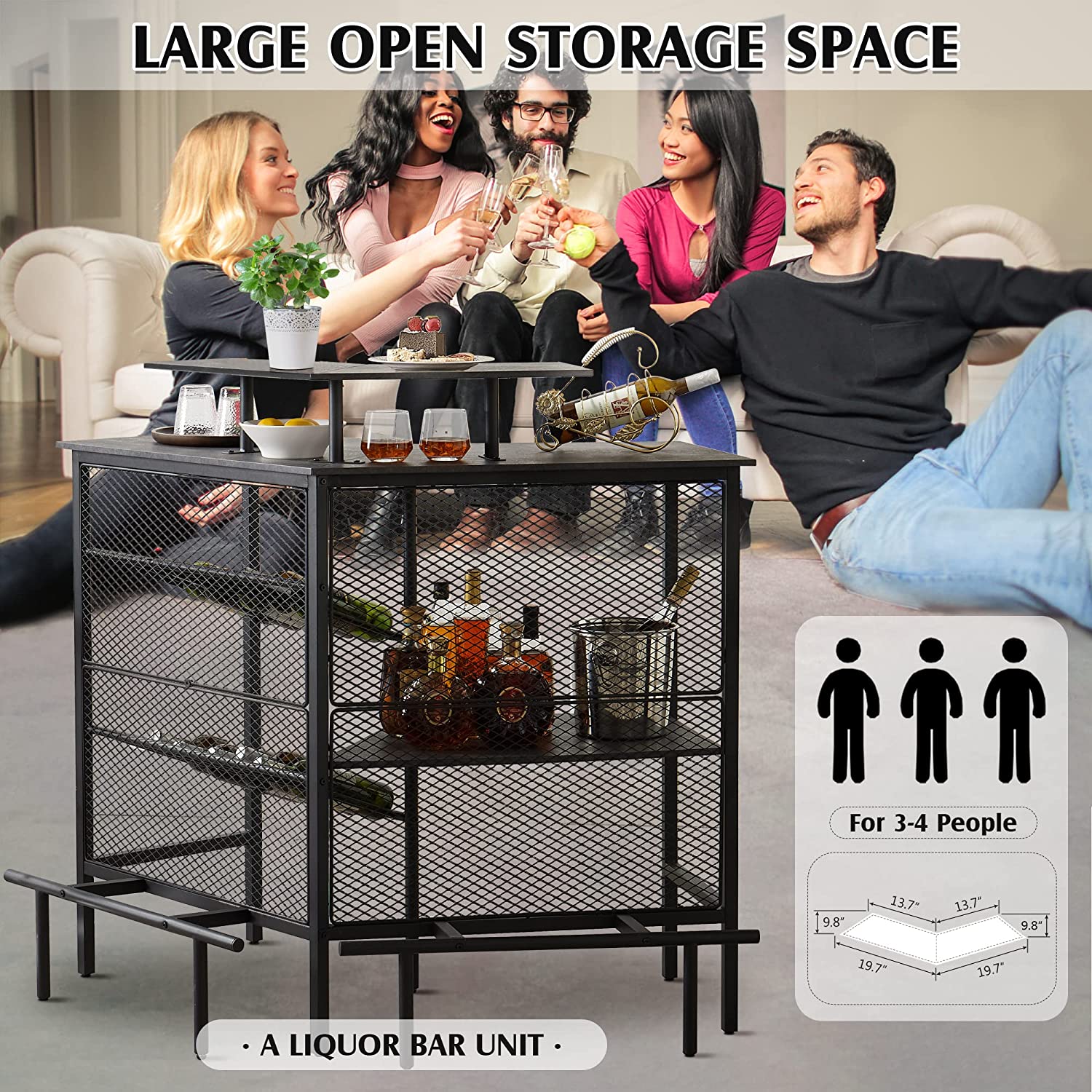 VECELO Bar Unit, 3 Tier Liquor Cabinet with Metal Mesh Front - VECELO