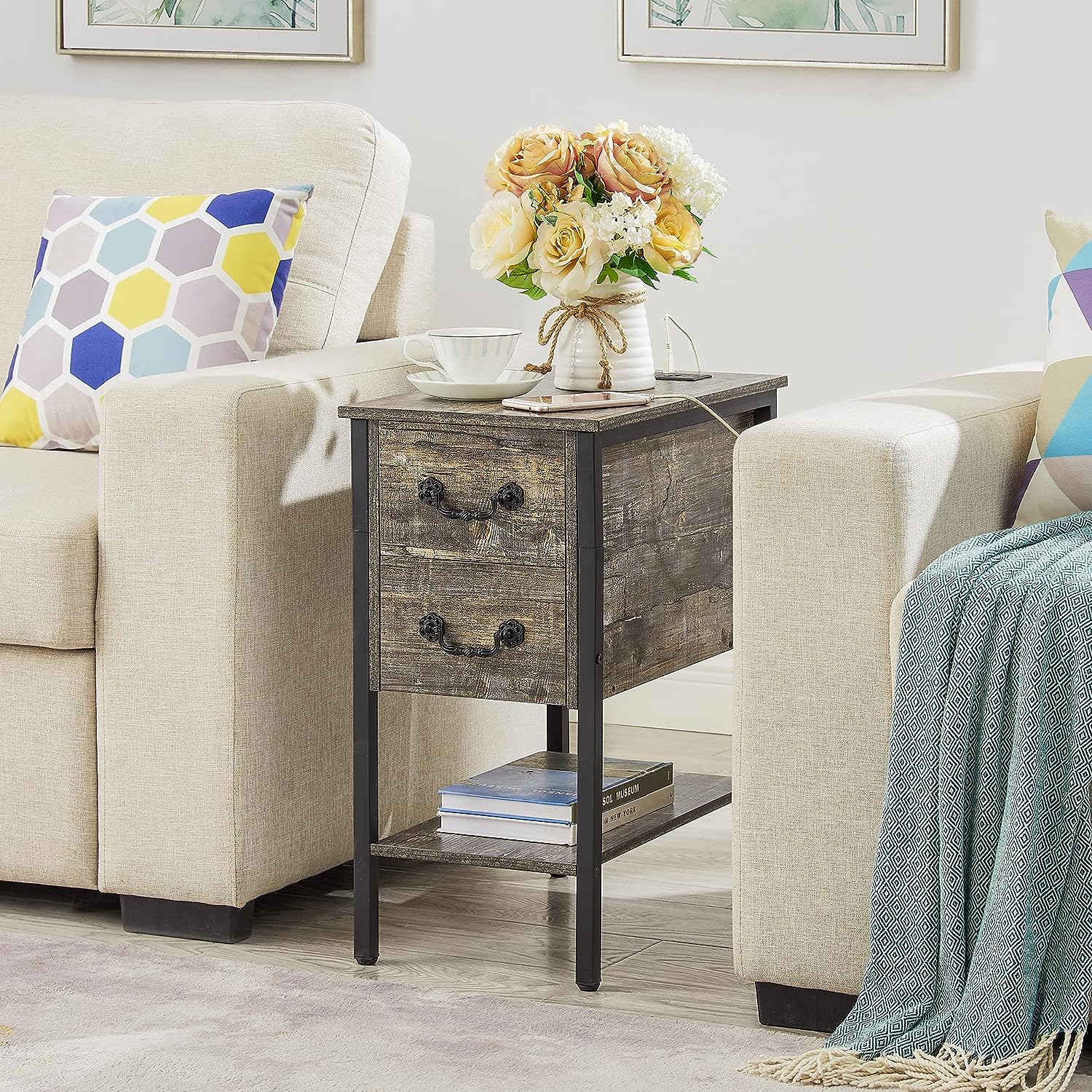 VECELO End Tables,Narrow Nightstands with Charging Station & USB Ports &Drawers - VECELO