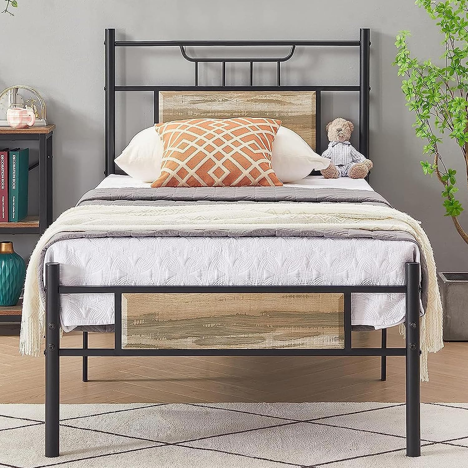 VECELO Platform Bed Frame with Wood Headboard No Box Spring Needed Heavy Duty Steel Slat - VECELO