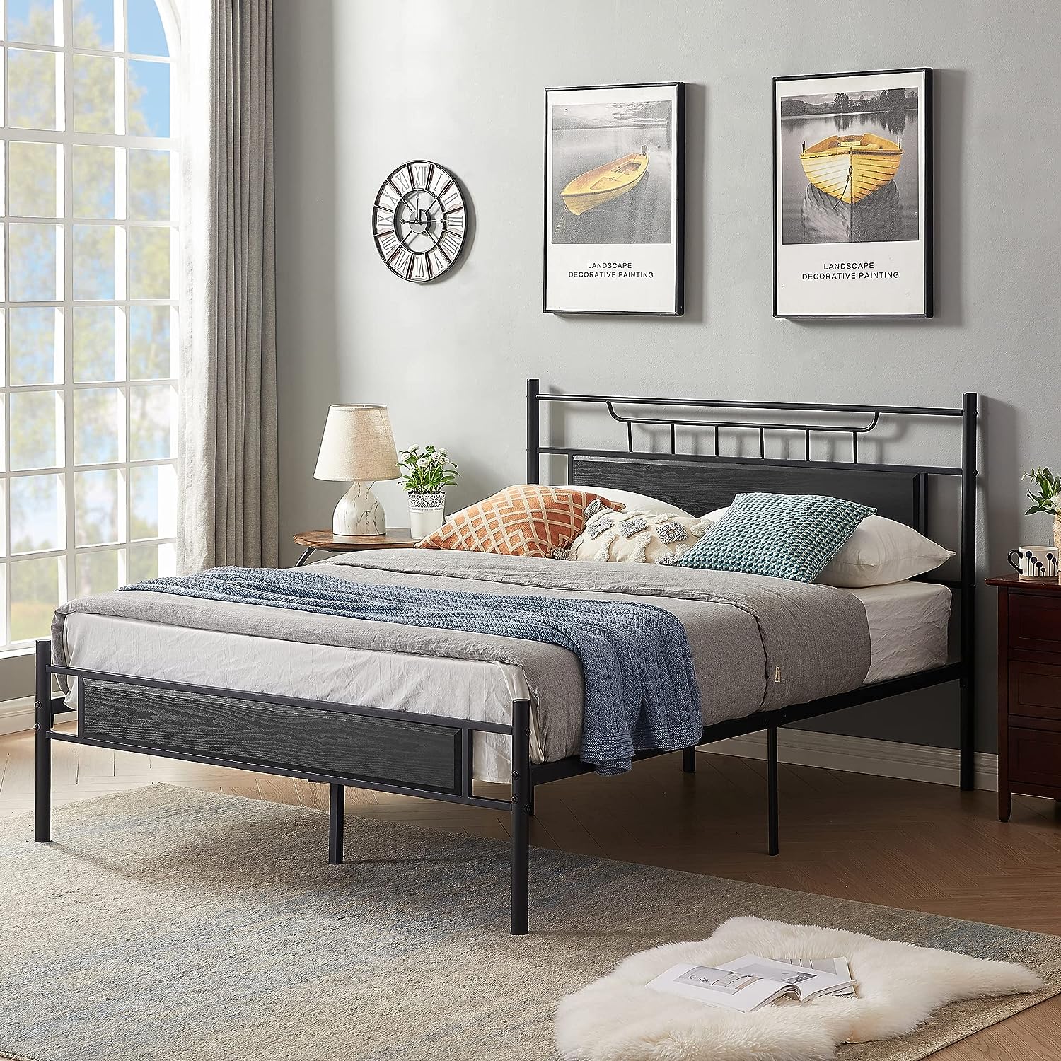 VECELO Platform Bed Frame with Wood Headboard No Box Spring Needed Heavy Duty Steel Slat - VECELO