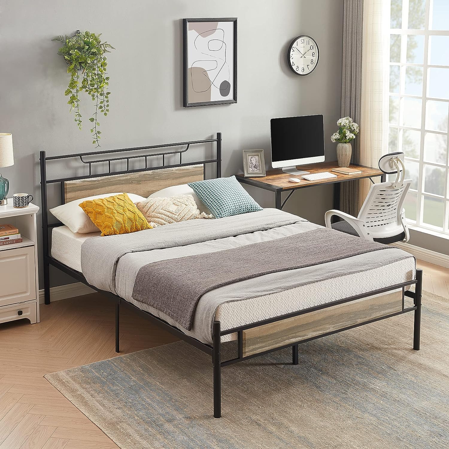 VECELO Platform Bed Frame with Wood Headboard No Box Spring Needed Heavy Duty Steel Slat - VECELO
