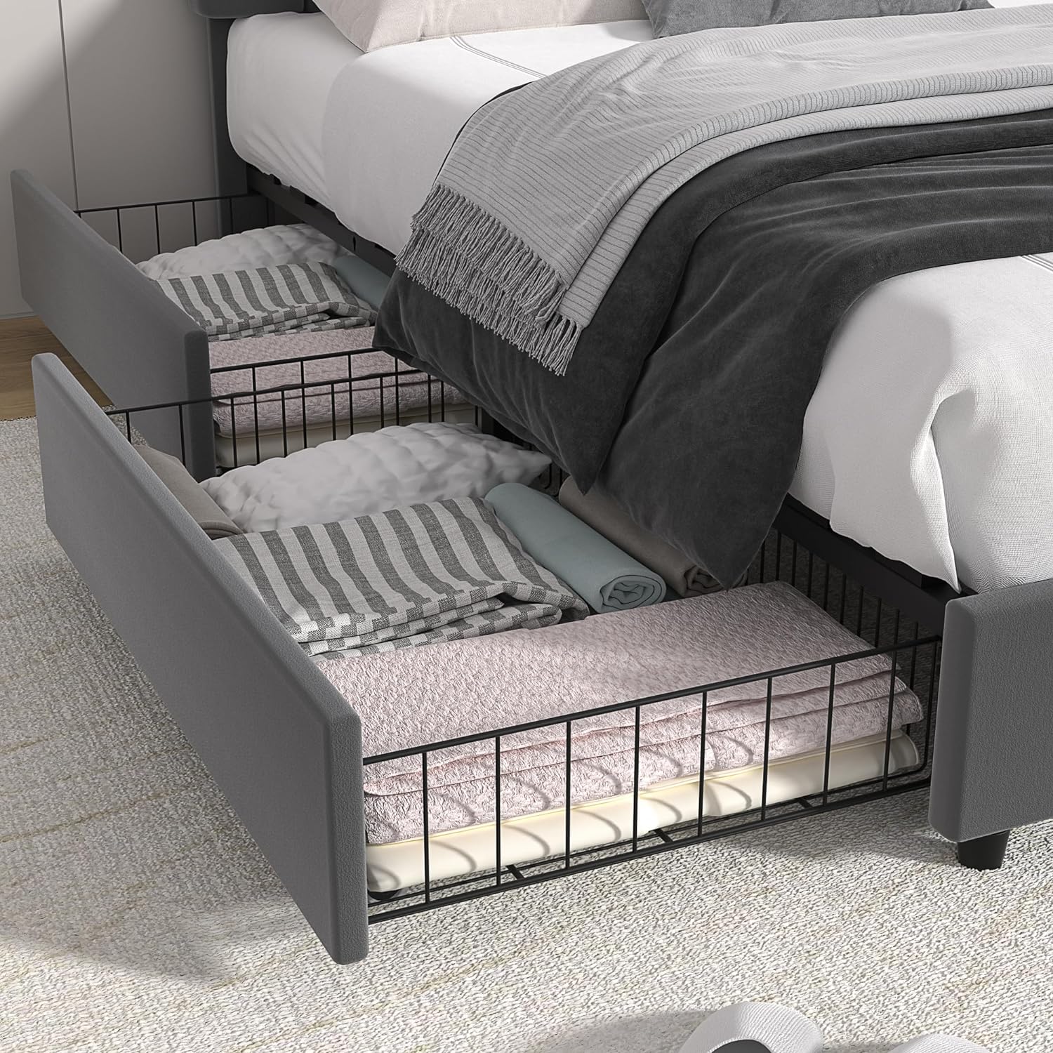 VECELO Upholstered Bed Frame with 4 Drawers and Adjustable Headboard - VECELO