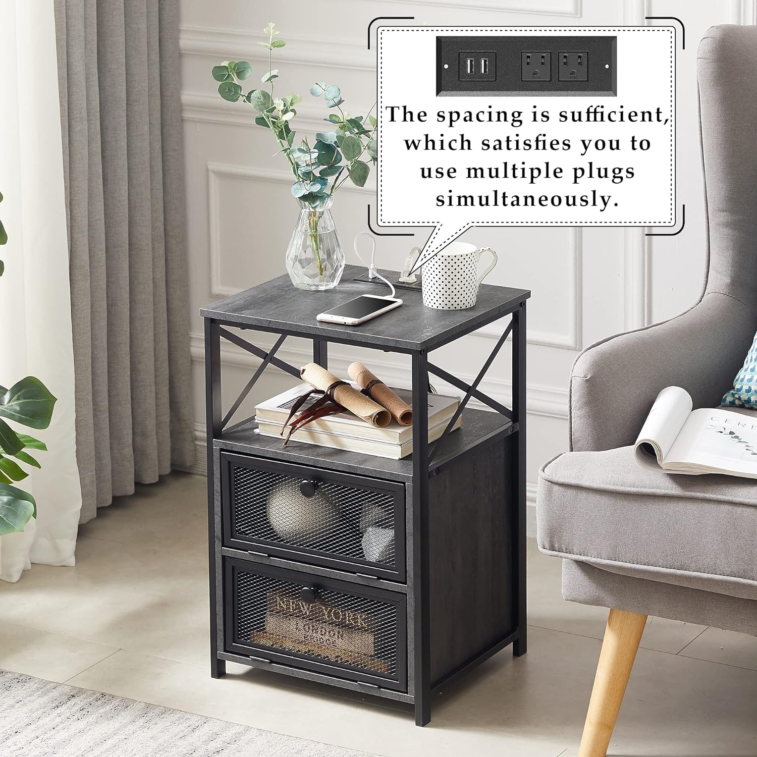 VECELO End Table with USB Ports and Outlets,1 Pack/2 Packs - VECELO