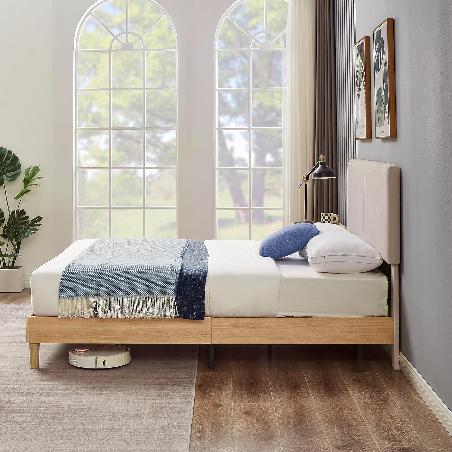 VECELO Upholstered Platform Bed Frame with Height-Adjustable Cotton and Linen Headboard - VECELO