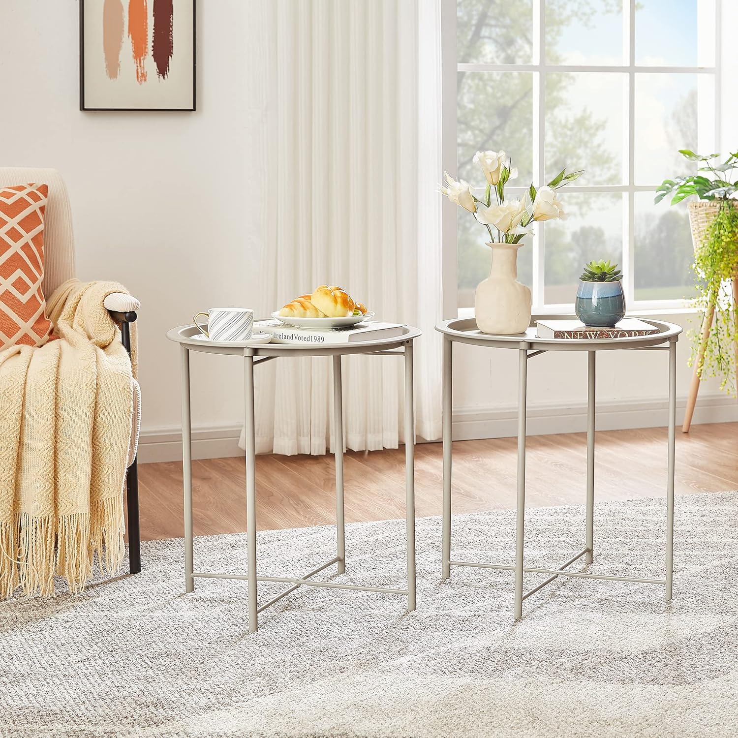 VECELO Metal Round End/Side Table with Removable Tray Small Folding Anti-Rust Nightstand - VECELO