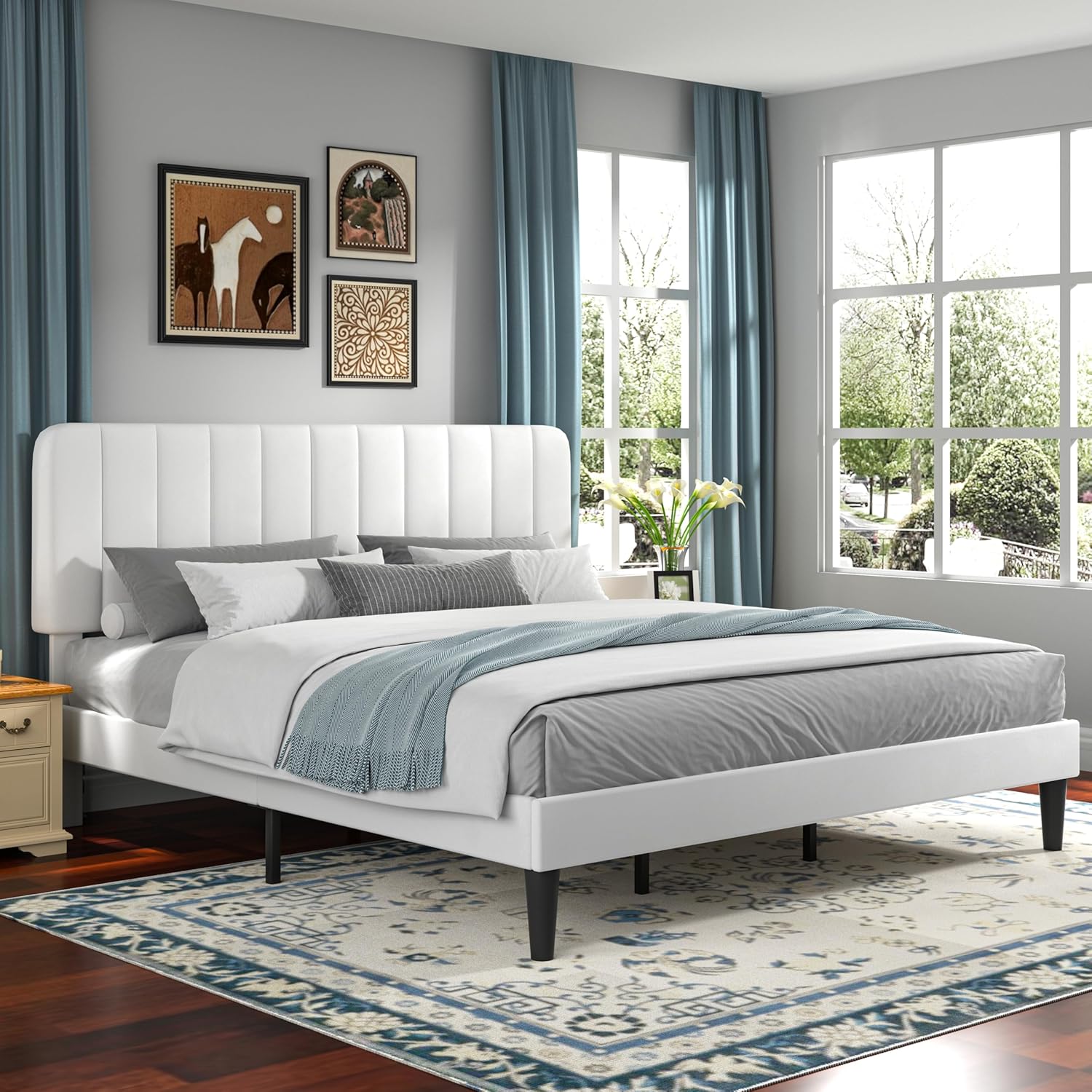 VECELO Upholstered Platform bedframe with Adjustable Headboard - VECELO