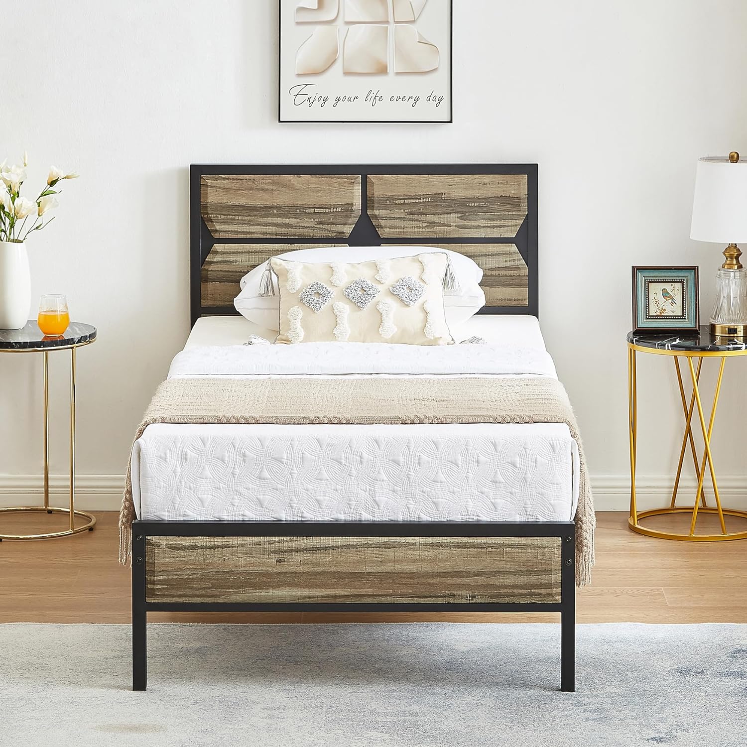 VECELO Metal Bed Frame Platform with Wooden Headboard&Footboard Mattress Foundation - VECELO
