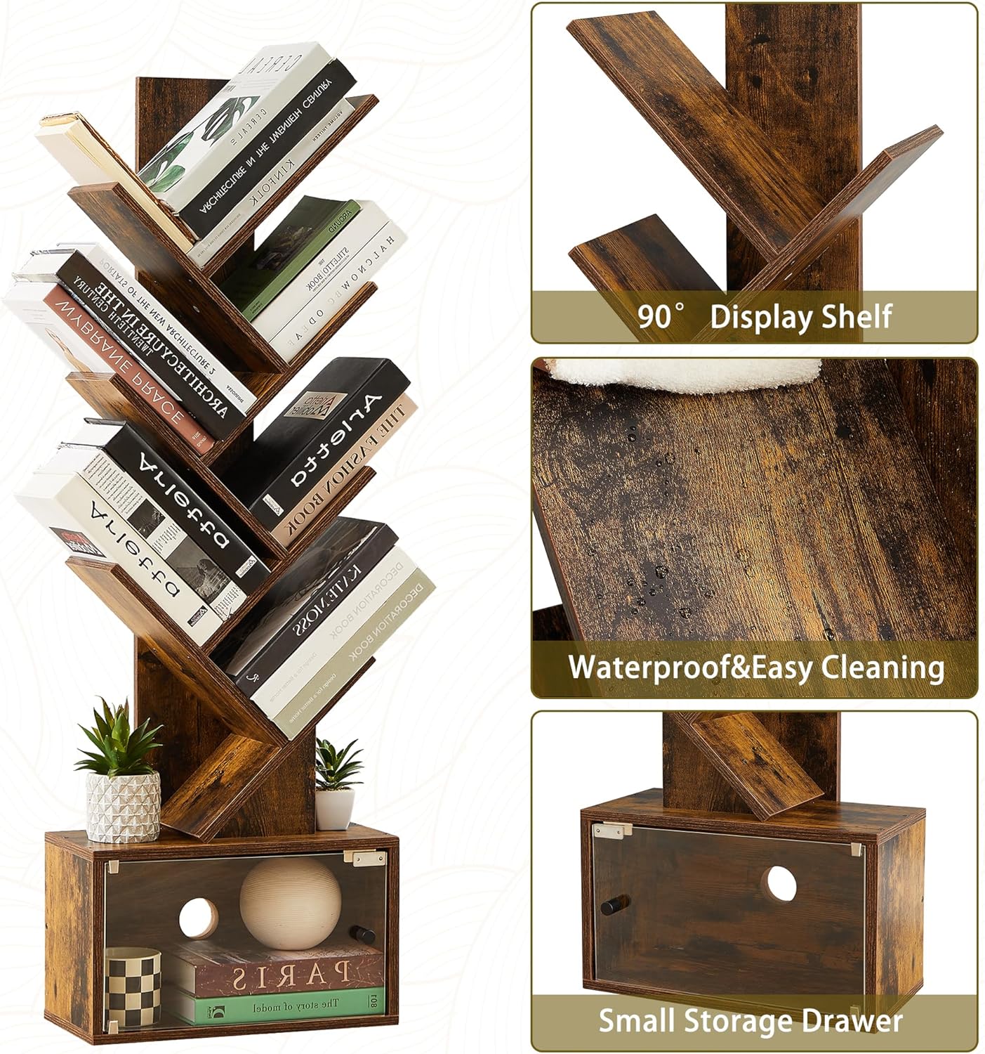 VECELO Tree Bookshelf, 7-Tier Tree Bookcase Wood Shelves Display with Storage Cabinet - VECELO