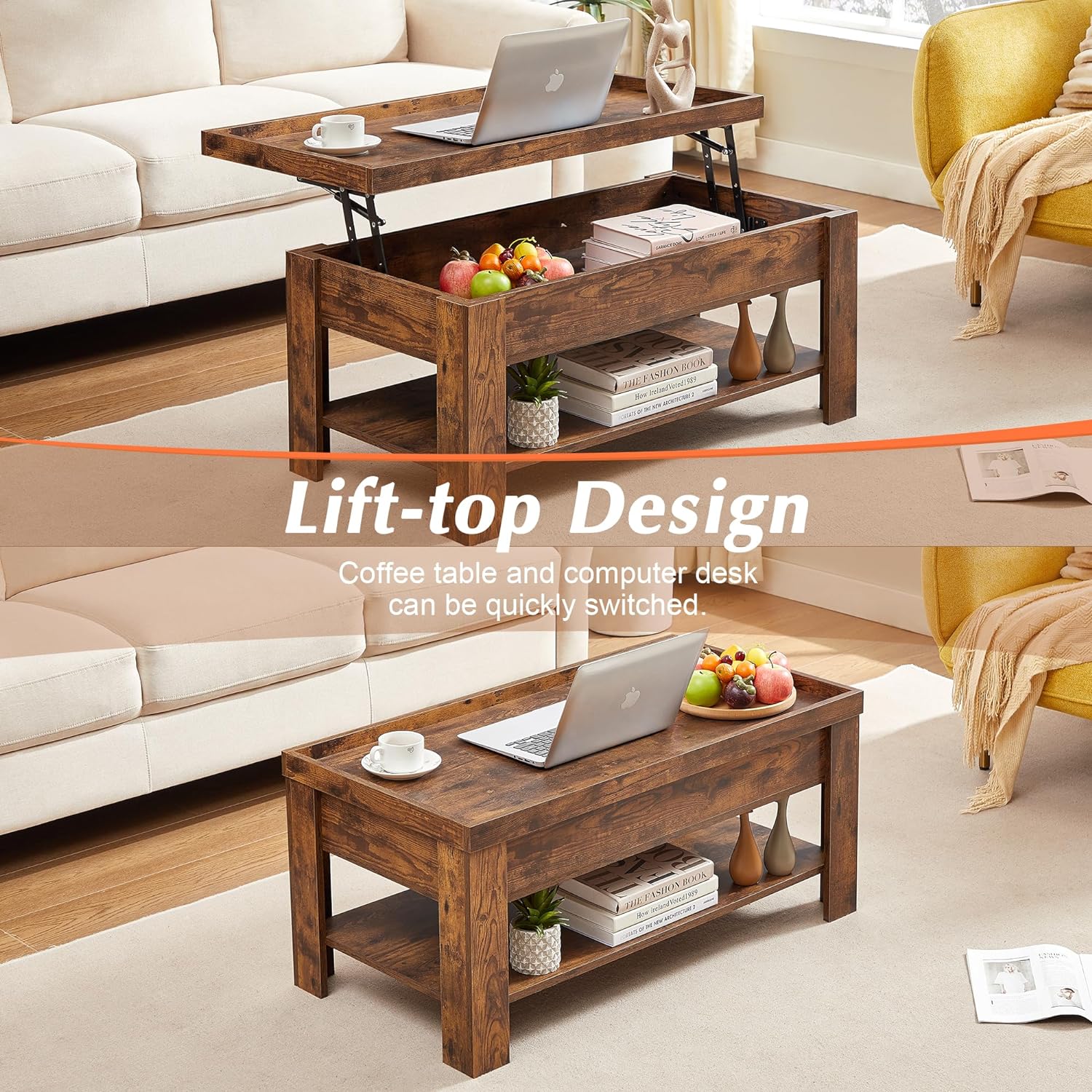 VECELO Lift Top Coffee Table with Storage Shelf - VECELO