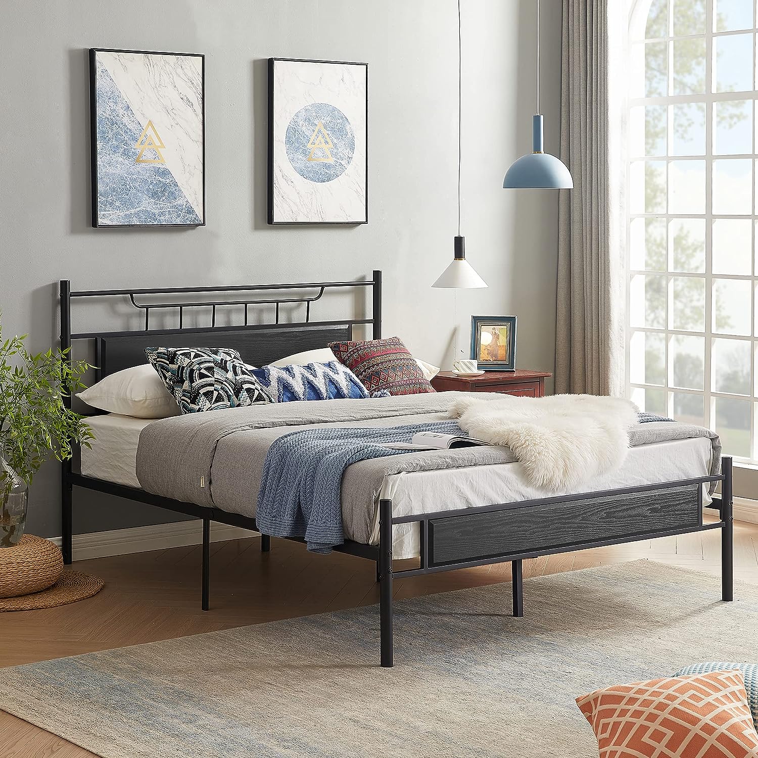 VECELO Platform Bed Frame with Wood Headboard No Box Spring Needed Heavy Duty Steel Slat - VECELO