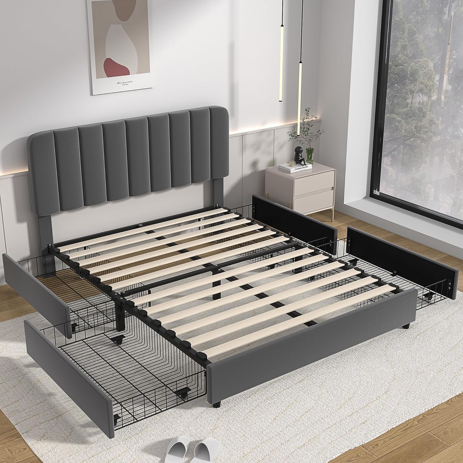 VECELO Upholstered Bed Frame with 4 Drawers and Adjustable Headboard - VECELO