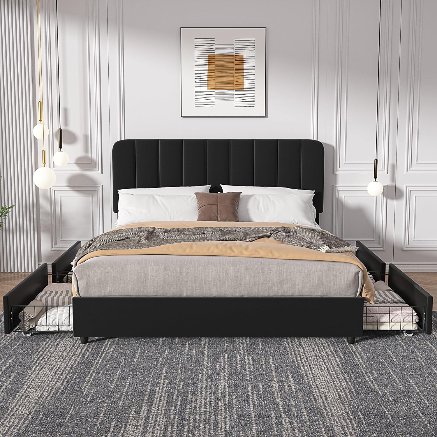 VECELO Upholstered Bed Frame with 4 Drawers and Adjustable Headboard - VECELO