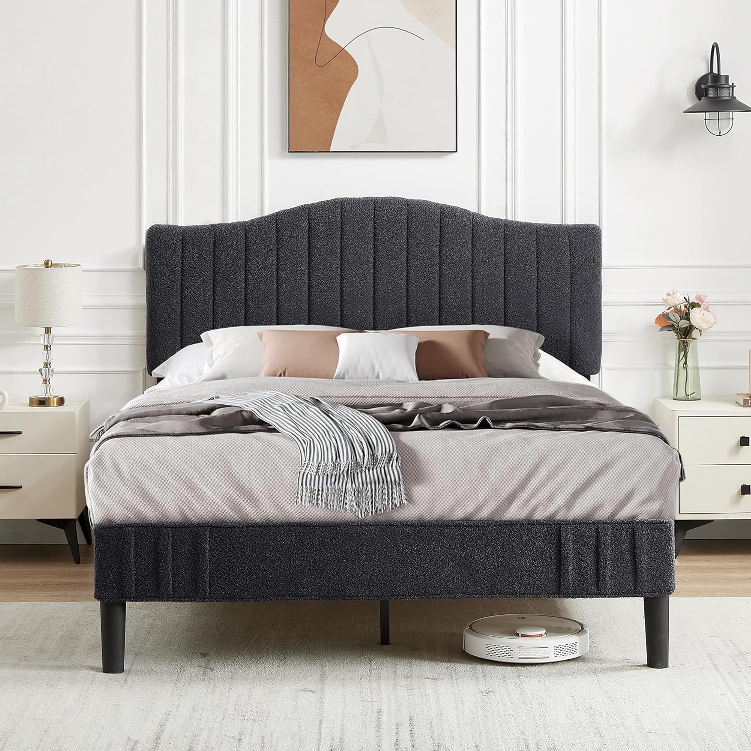 VECELO Upholstered Platform Bed Frame with Sheepskin Fabric Adjustable Headboard/Strong Wood Slats Supports - VECELO