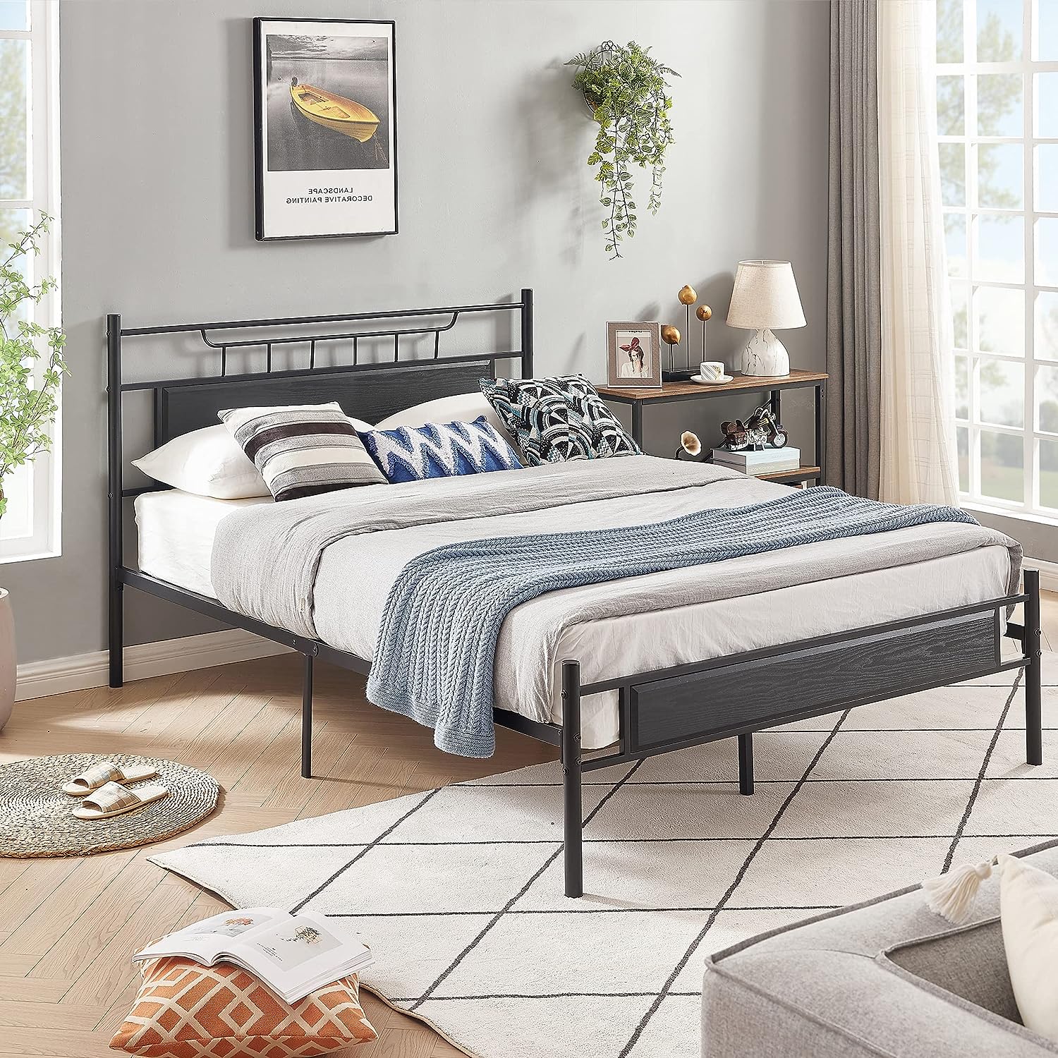 VECELO Platform Bed Frame with Wood Headboard No Box Spring Needed Heavy Duty Steel Slat - VECELO