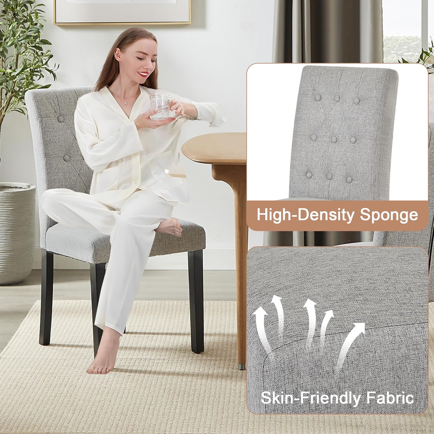 VECELO Upholstered Dining Chairs Set of 2 Button Tufted Back, Padded Seat, Wood Legs with Rubber Footpads - VECELO