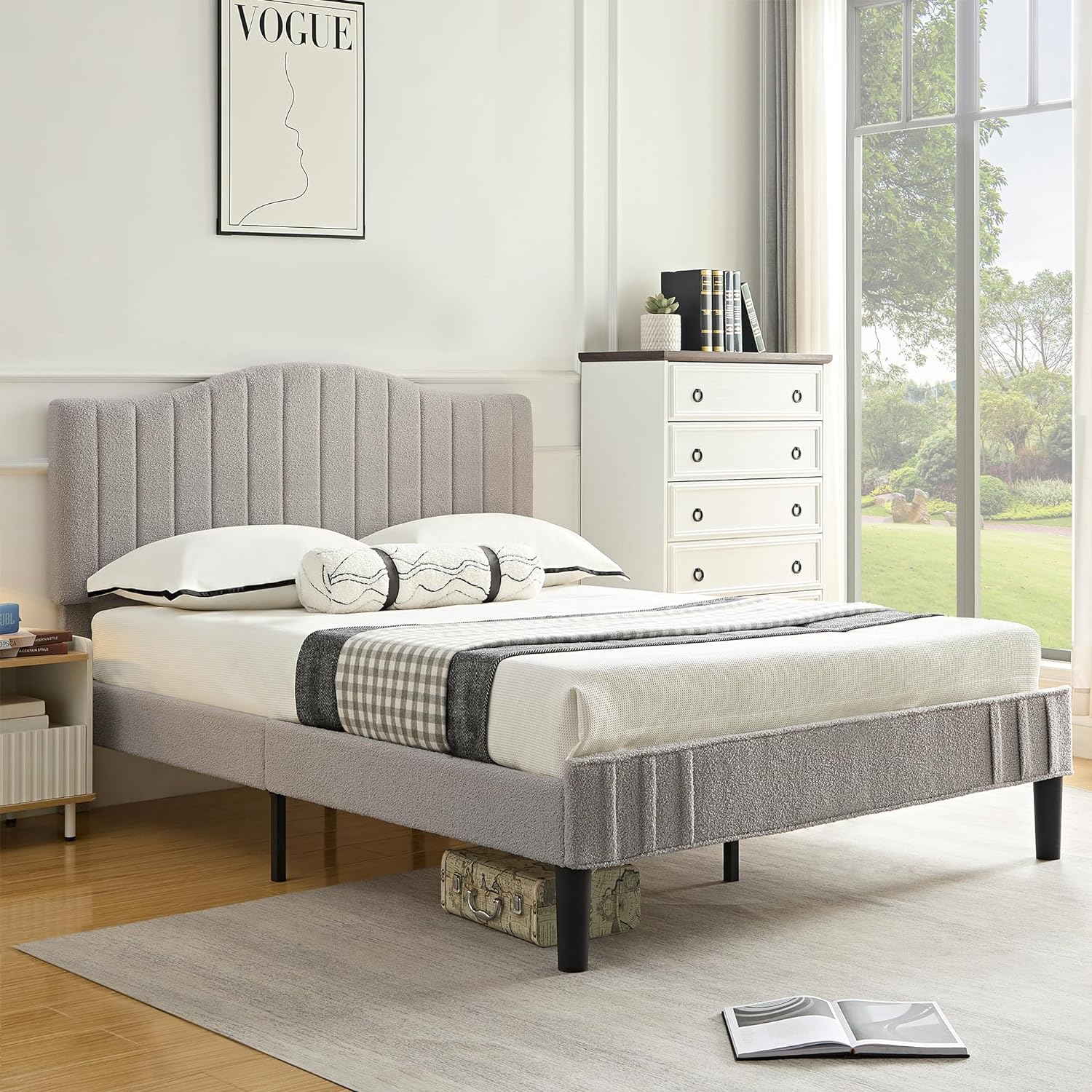 VECELO Upholstered Platform Bed Frame with Sheepskin Fabric Adjustable Headboard/Strong Wood Slats Supports - VECELO
