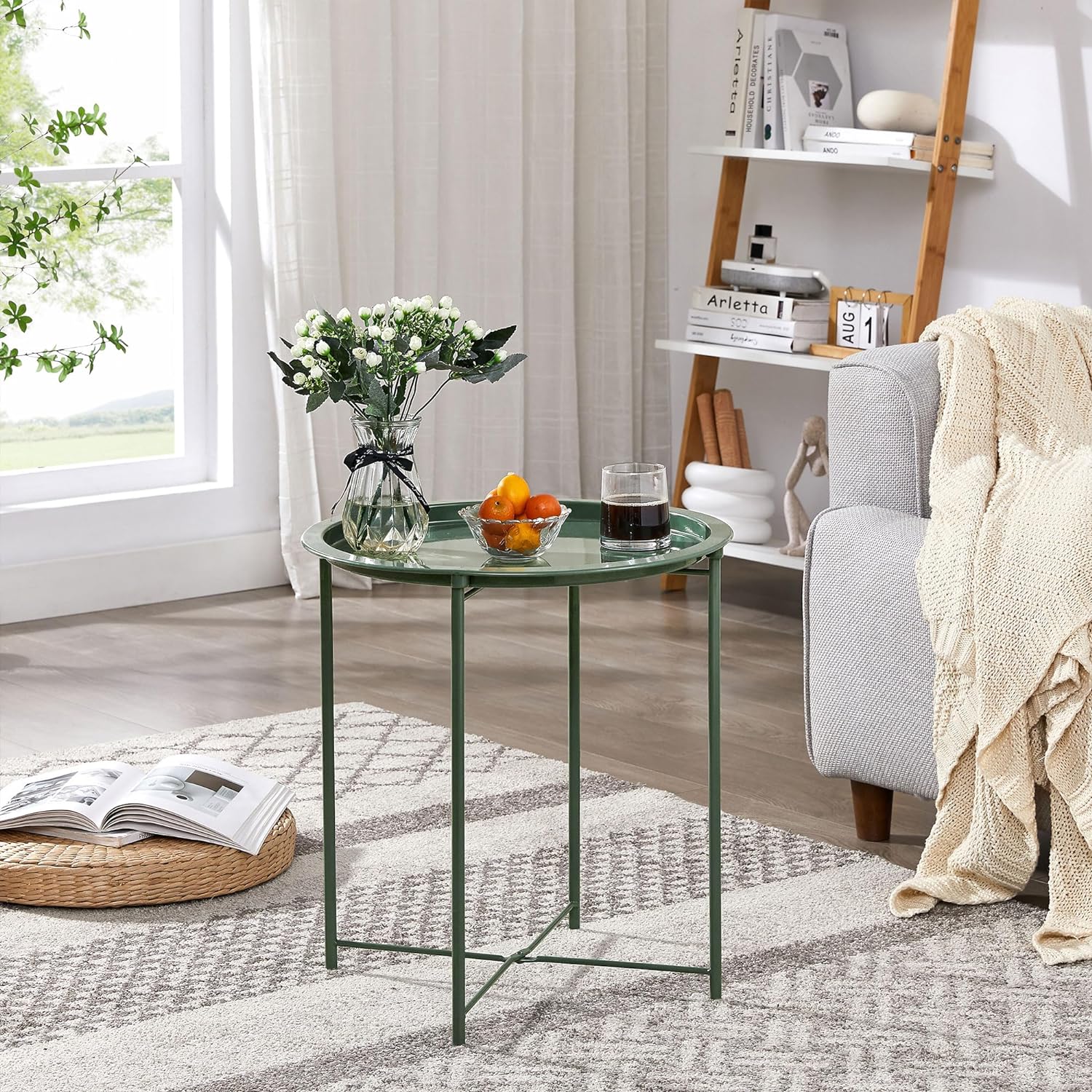 VECELO Metal Round End/Side Table with Removable Tray Small Folding Anti-Rust Nightstand - VECELO
