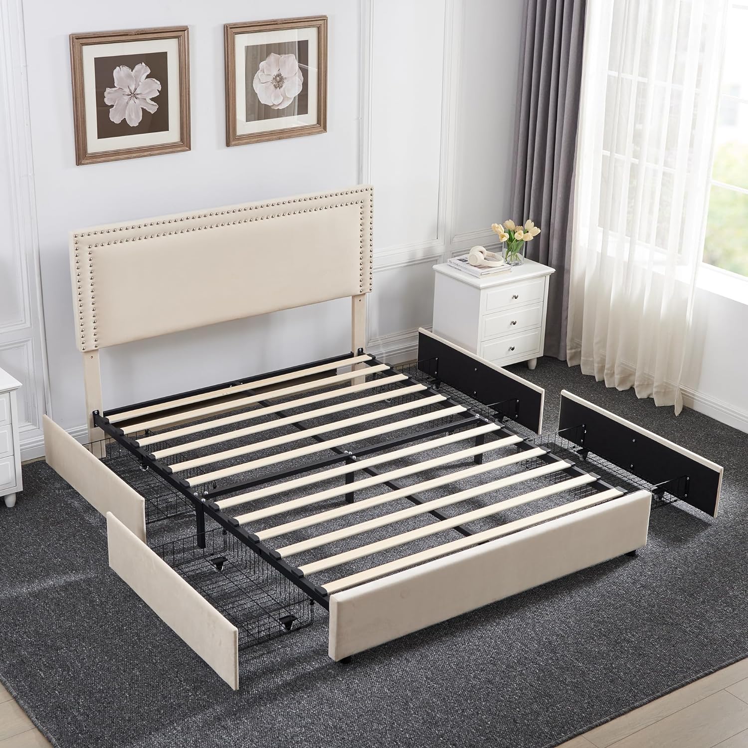 VECELO Upholstered Platform Bed Frame Platform with 4 Storage Drawers - VECELO