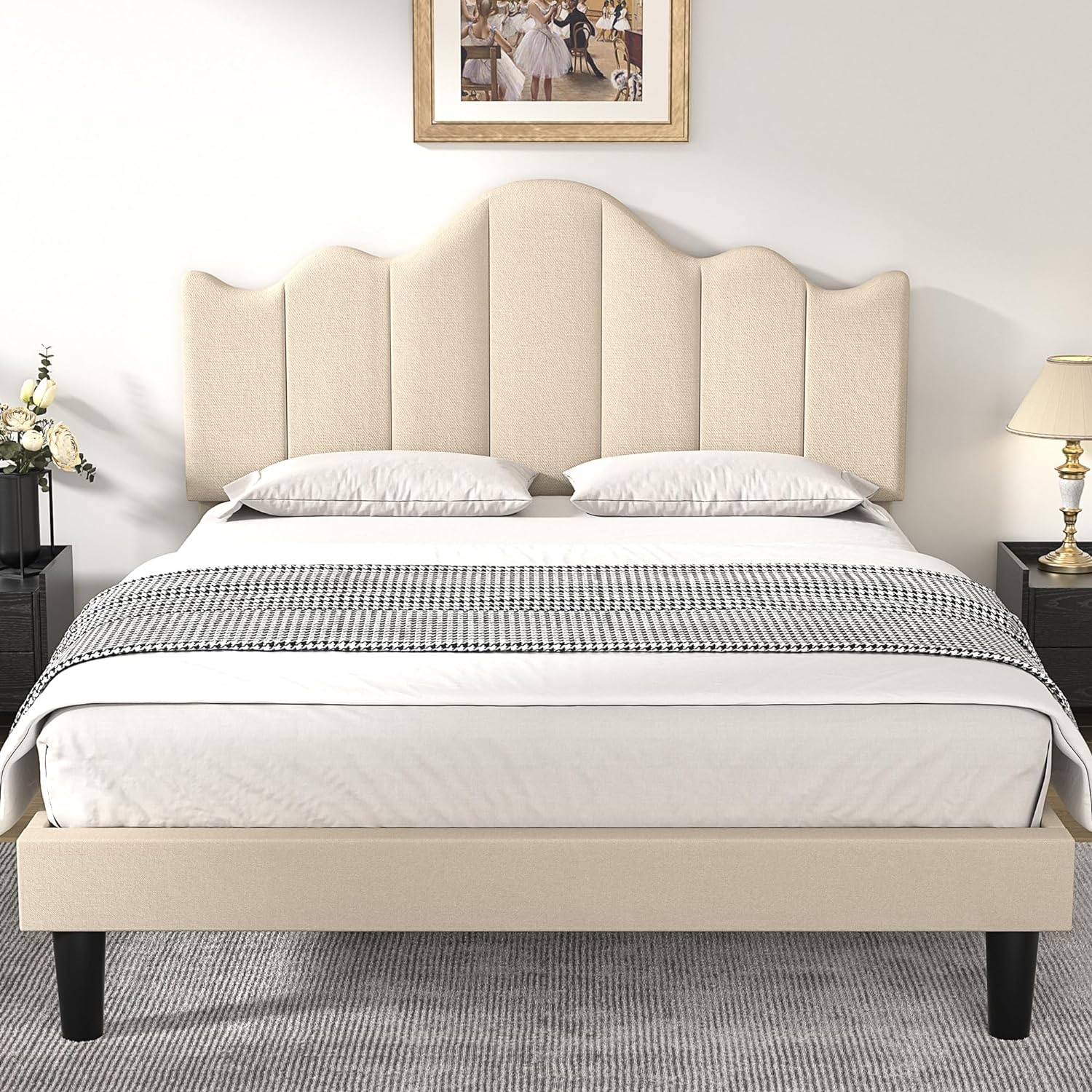 VECELO Upholstered Platform Bed,Mattress Foundation with Headboard - VECELO
